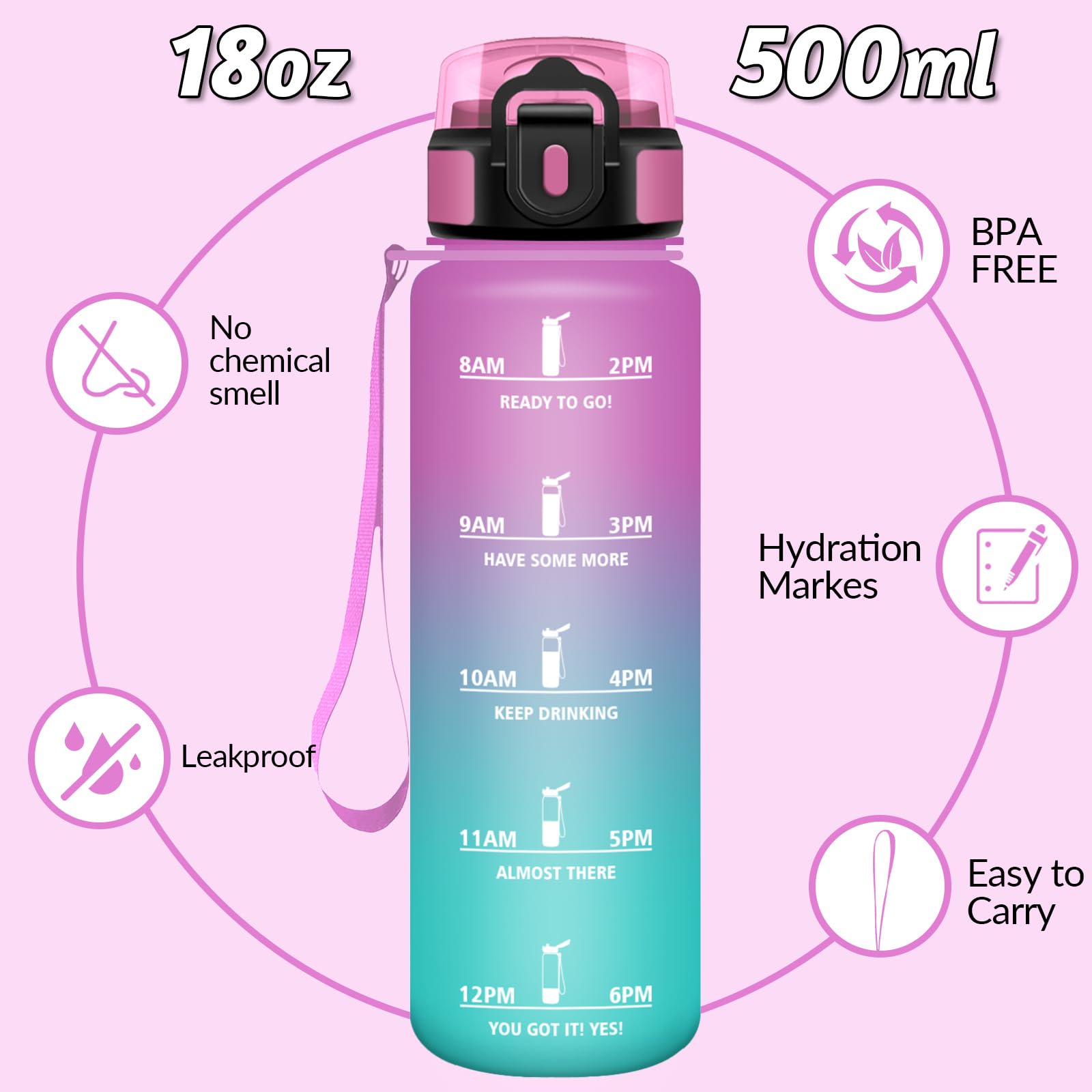Borraccia 500 Ml Senza BPA, Con Tappo A Prova Di Perdite, Scala Temporale E Frasi Motivazionali, Rosa E Ciano, Per Bambini E Adulti