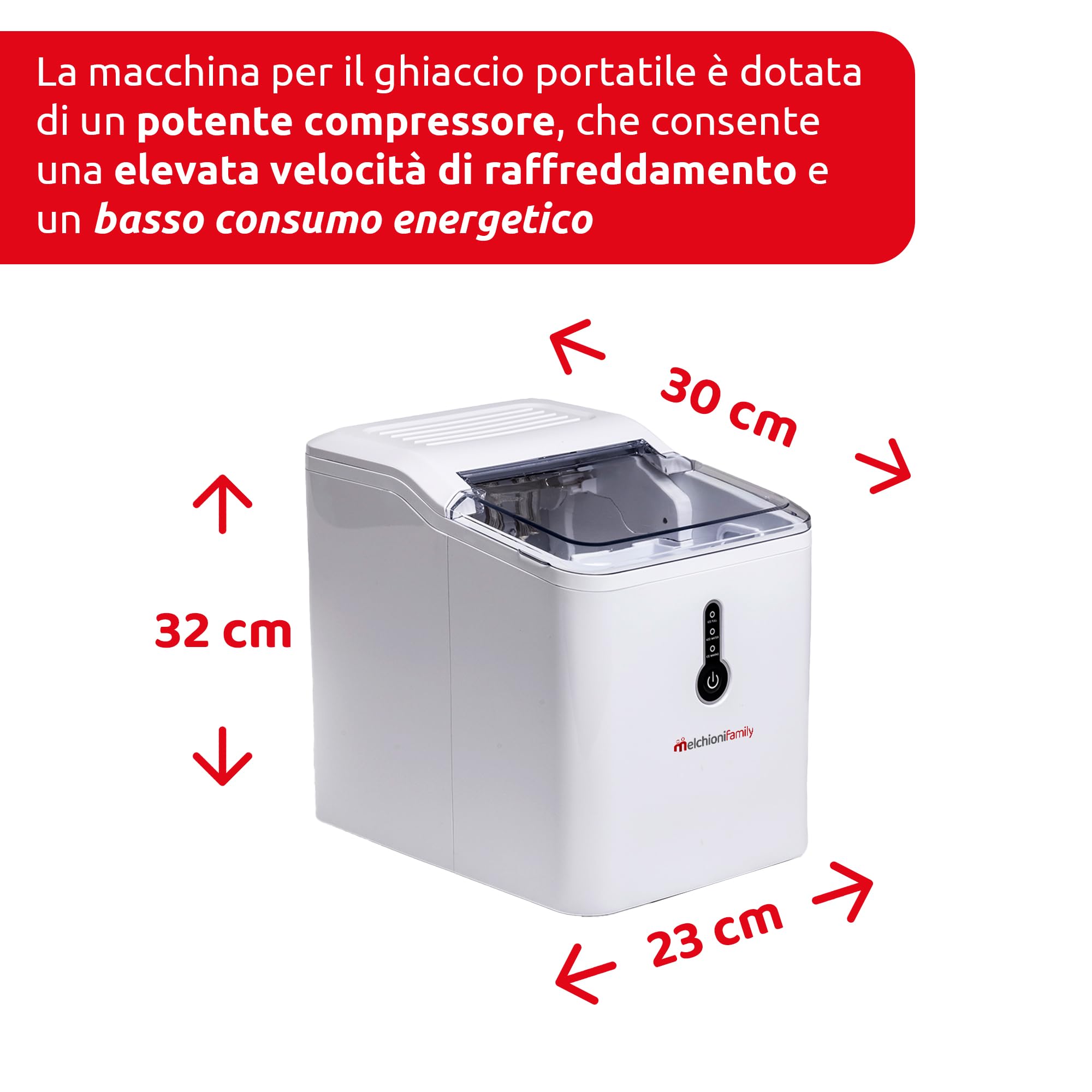 Melchioni Family | Macchina Ghiaccio CUBIK, Capacità di Produzione 12kg in 24h, Cubetti a Forma di Proiettile, Serbatoio dell'Acqua 1.6 L, Serbatoio per il Ghiaccio 1,6 L, Pannello di Controllo Touch
