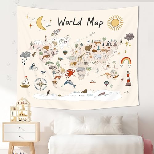 Miniatura 3 de Imirell Tapiz de mapa del mundo para niños, 59 pulgadas de ancho x 51 pulgadas de alto, lindo animal de dibujos animados, herramienta de aprendizaje
