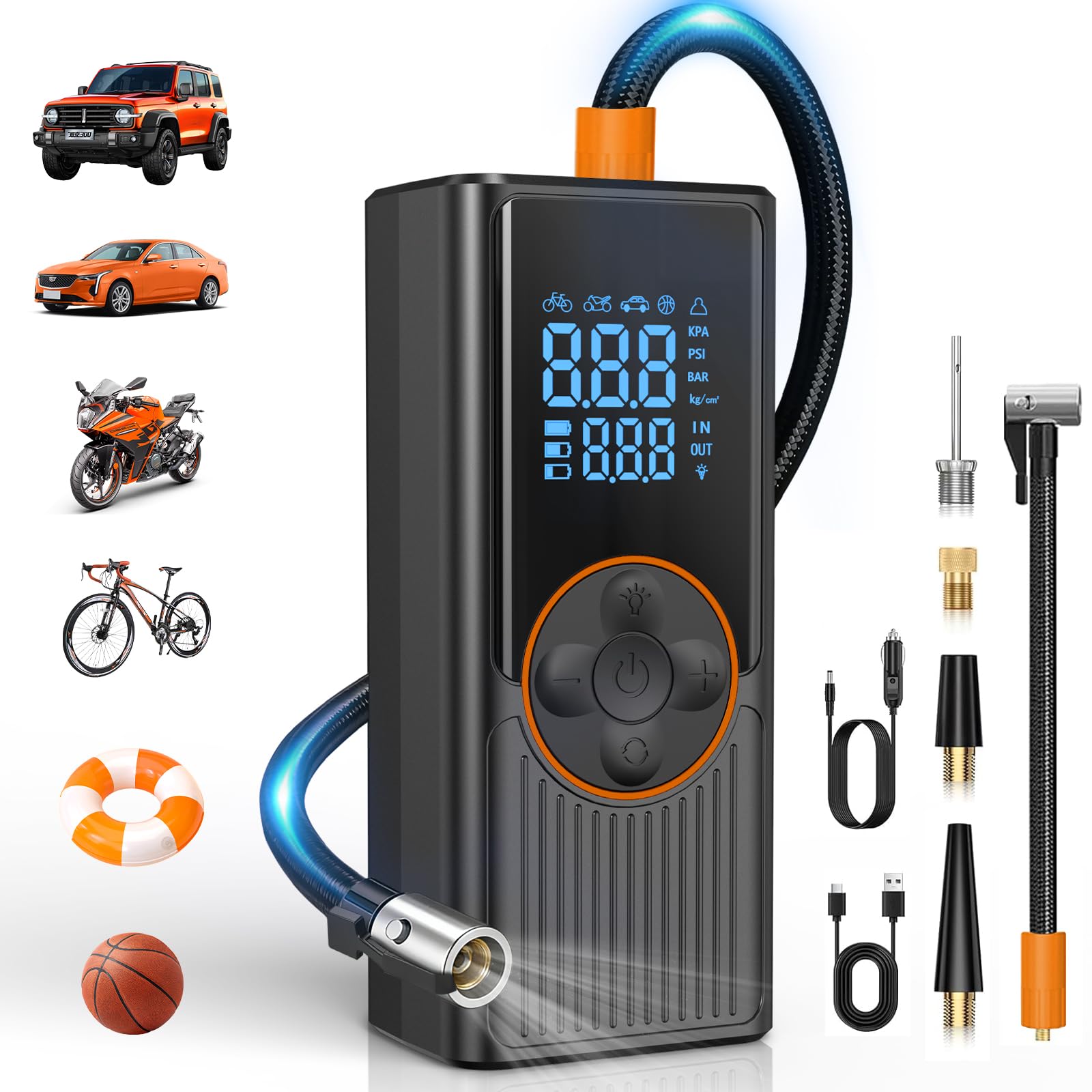 Gonfleur de Pneus Sans Fil 8000mAh, 150PSI Compresseur à Air Portatif, Pompe à Vélo Électrique Rechargeable avec Affichage Numérique et Lumière LED, Arrêt Automatique, pour Voiture, Moto, Vélo, Balles