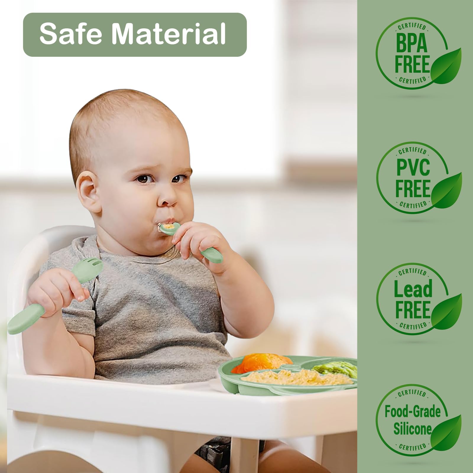 Coffret Repas Bébé 11 pièces Silicone Antidérapant avec Ventouse Assiette Bol Fourche Cuillère Bavoir Tasse Sans BPA Vert foncé
