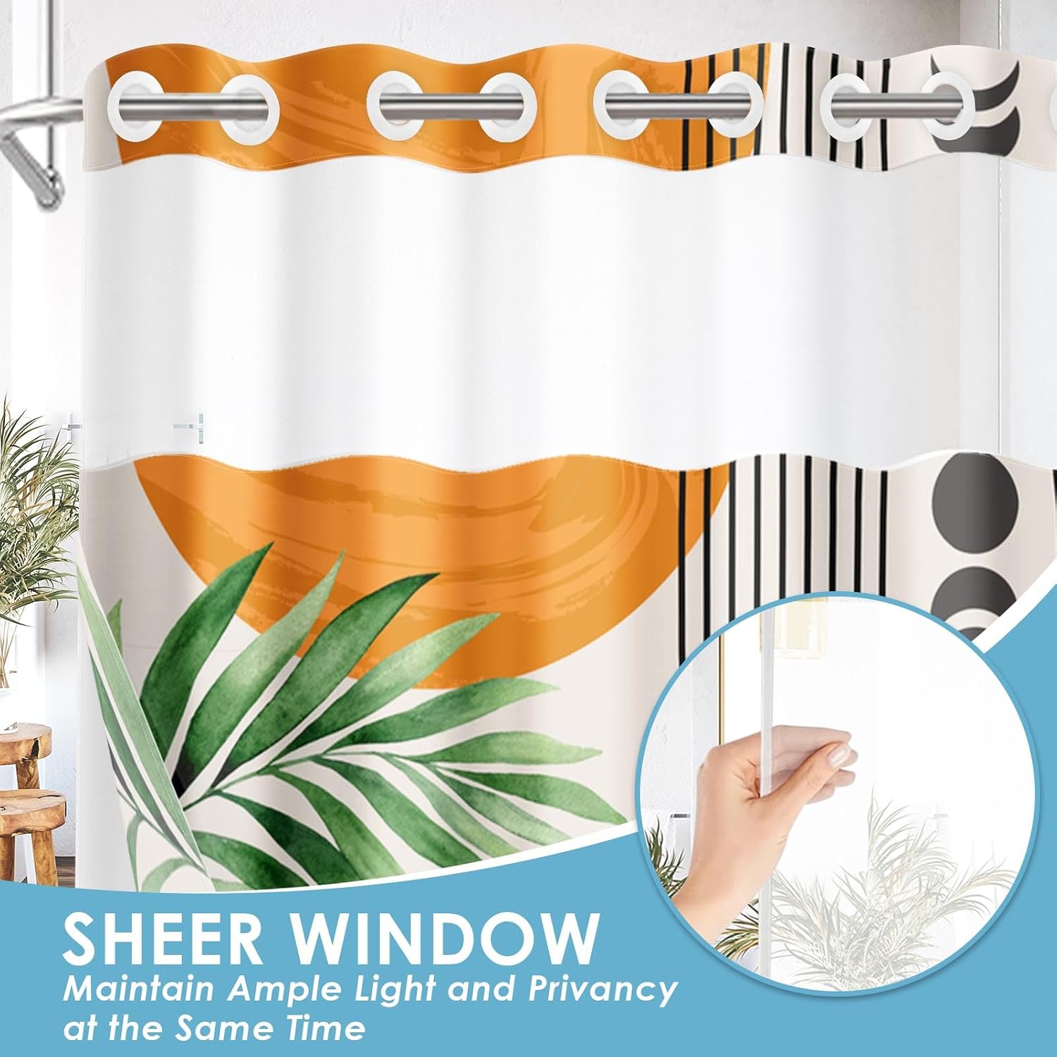 No Hook Boho Geometric Shower Curtain with Snap in Fabric Liner Set, Abstract Sun Moon Leaf Double Layers Waterproof with See Through Top Window Bath Curtain 71x74 Inch