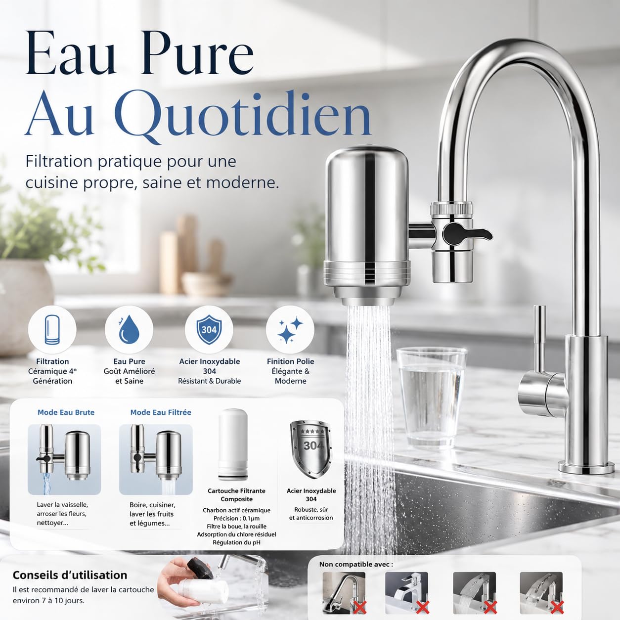 Purificateur d'eau Pureva pour robinets de cuisine, Filtre à Eau de Robinet avec Cartouche Céramique et Charbon Actif, Deux Modes, Acier Inoxydable 304 (3 cartouches filtrantes)