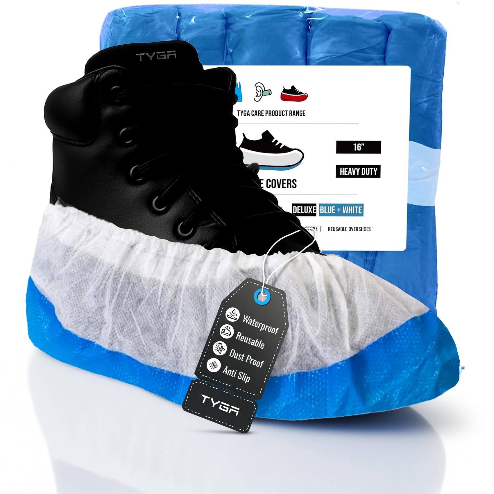 TYGA - Soprascarpe resistenti, riutilizzabili, di lunga durata, in CPE/PP (160, blu e bianco)