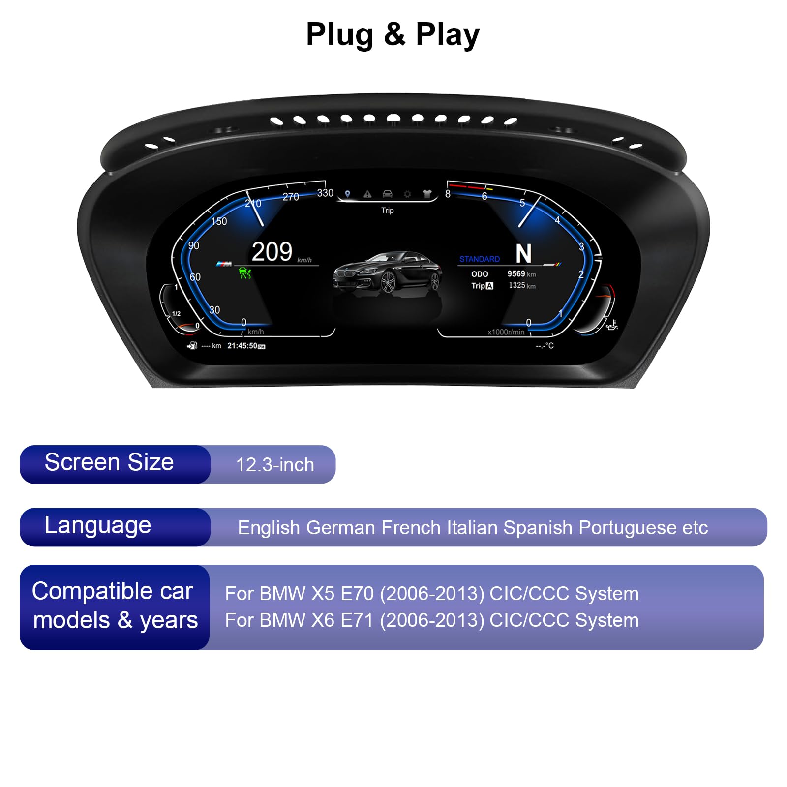 Combiné d’instruments numérique LCD 12,3 pouces pour BMW X5 E70 & X6 E71 (2006–2013) Remplacement du tableau de bord