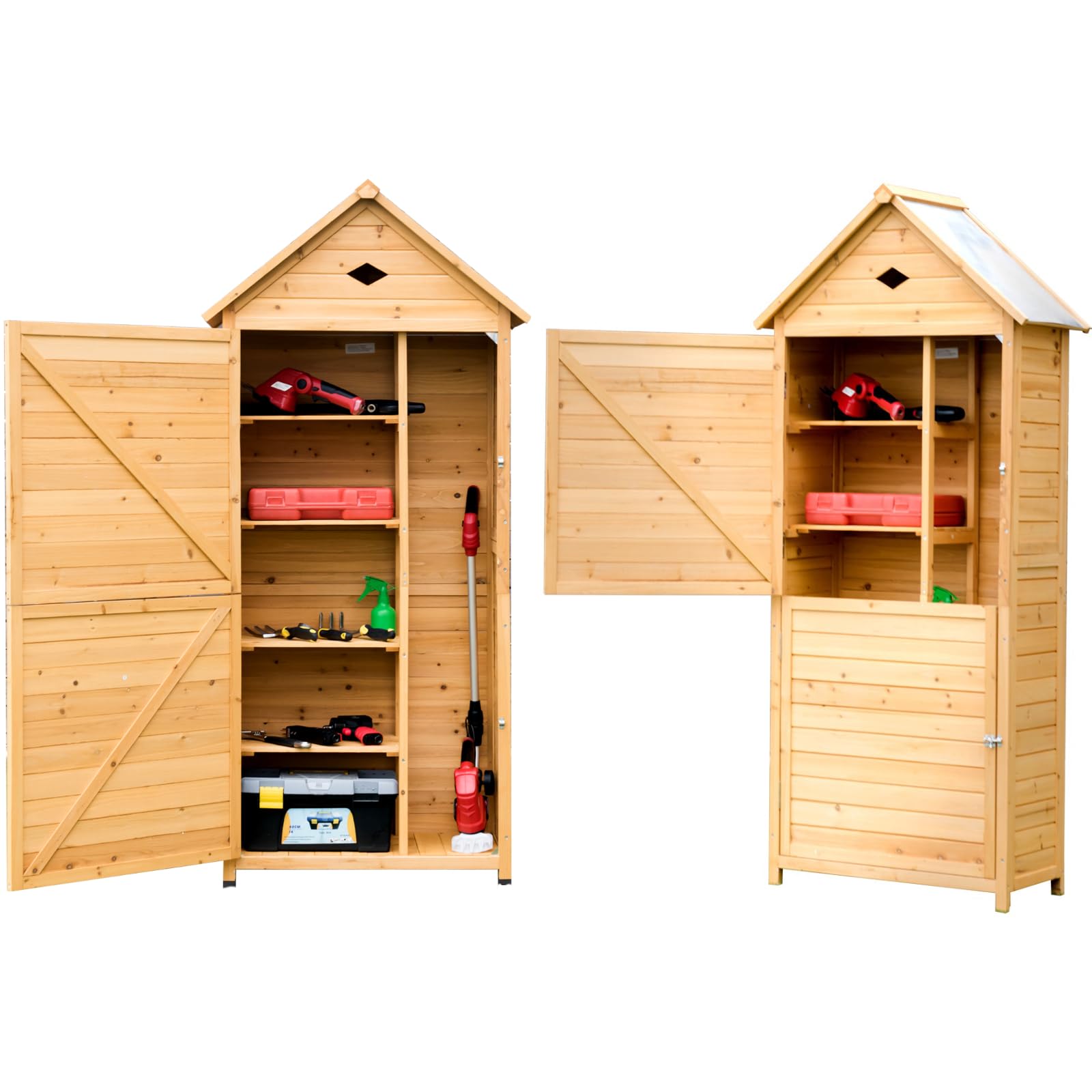 COSTWAY Armadio da Esterno in Legno, Casetta da Esterno con Ante, Ripiani Rimovibili, Serrature e Tetto Inclinato, Armadietto Versatile da Giardino, Balcone e Cortile (80 x 45 x 177 cm)