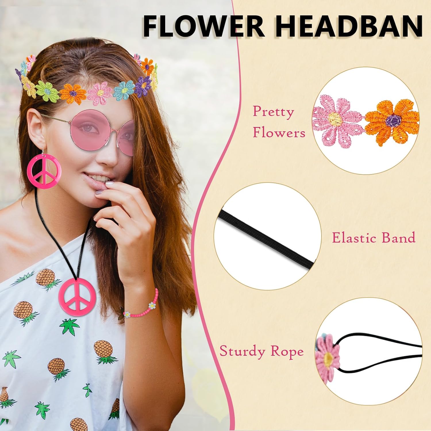 Hippie Costume Accessories Set Peace Sign Necklace Sunglasses Flower Headband Earrings for 60s 70s Outfit Party Women - Image 5