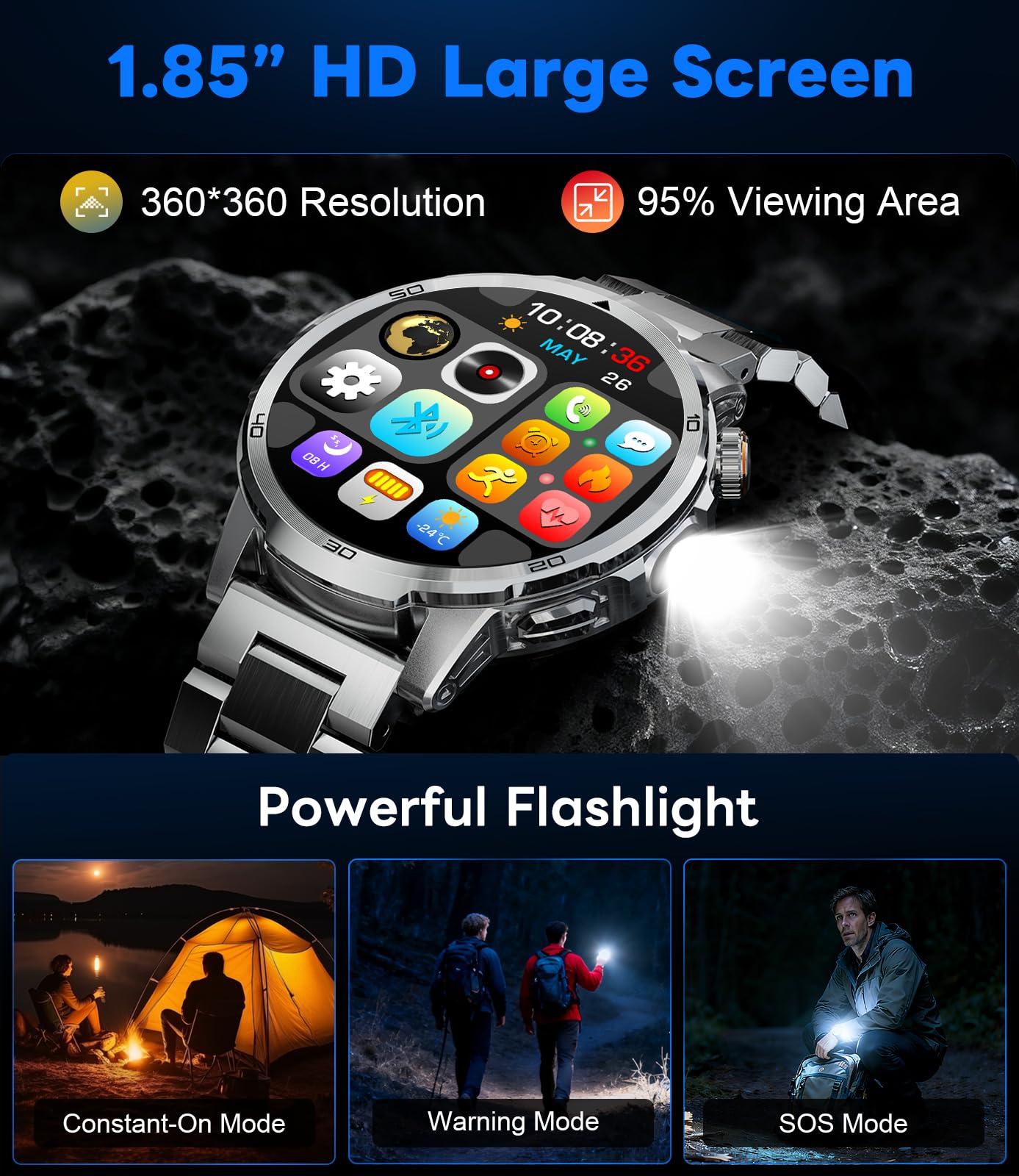 Smartwatch Uomo, 1,85 Pollici HD Display con Chiamate Bluetooth/1000 mAh/Torcia, Frequenza Cardiaca/Sonno, 110+ Modalità Sportive, Orologio Smartwatch Compatibile con Android e iOS, Argento