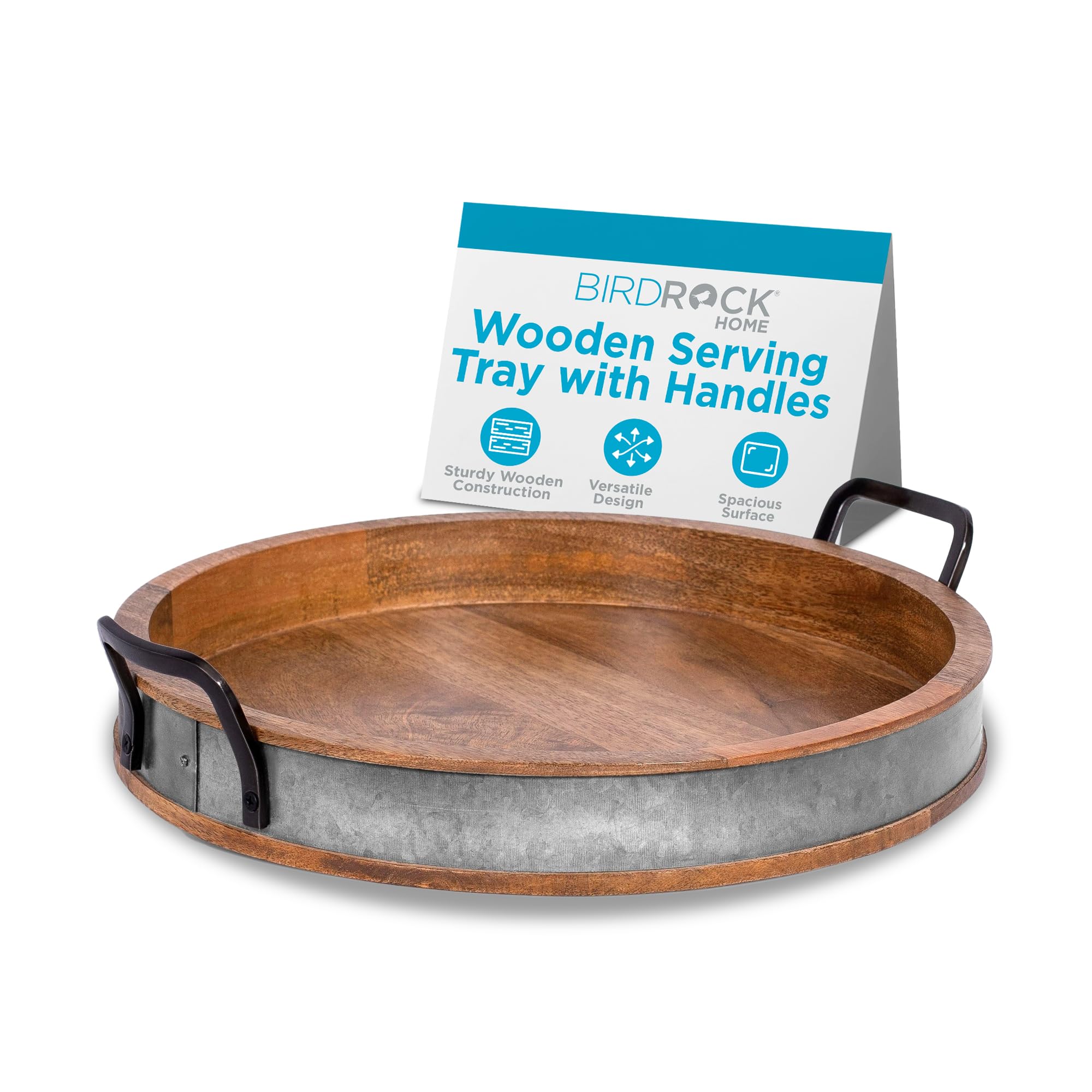 BIRDROCK HOME Large Round Wooden Serving Tray