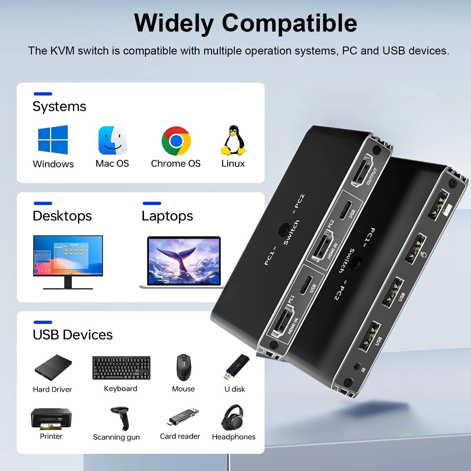 Interruttore KVM HDMI 1 Monitor 2 Computer, Switcher KVM 4K@60Hz per 2 Computer in condivisione 1 Monitor Tastiera Mouse Stampante, Interruttori KVM con telecomando