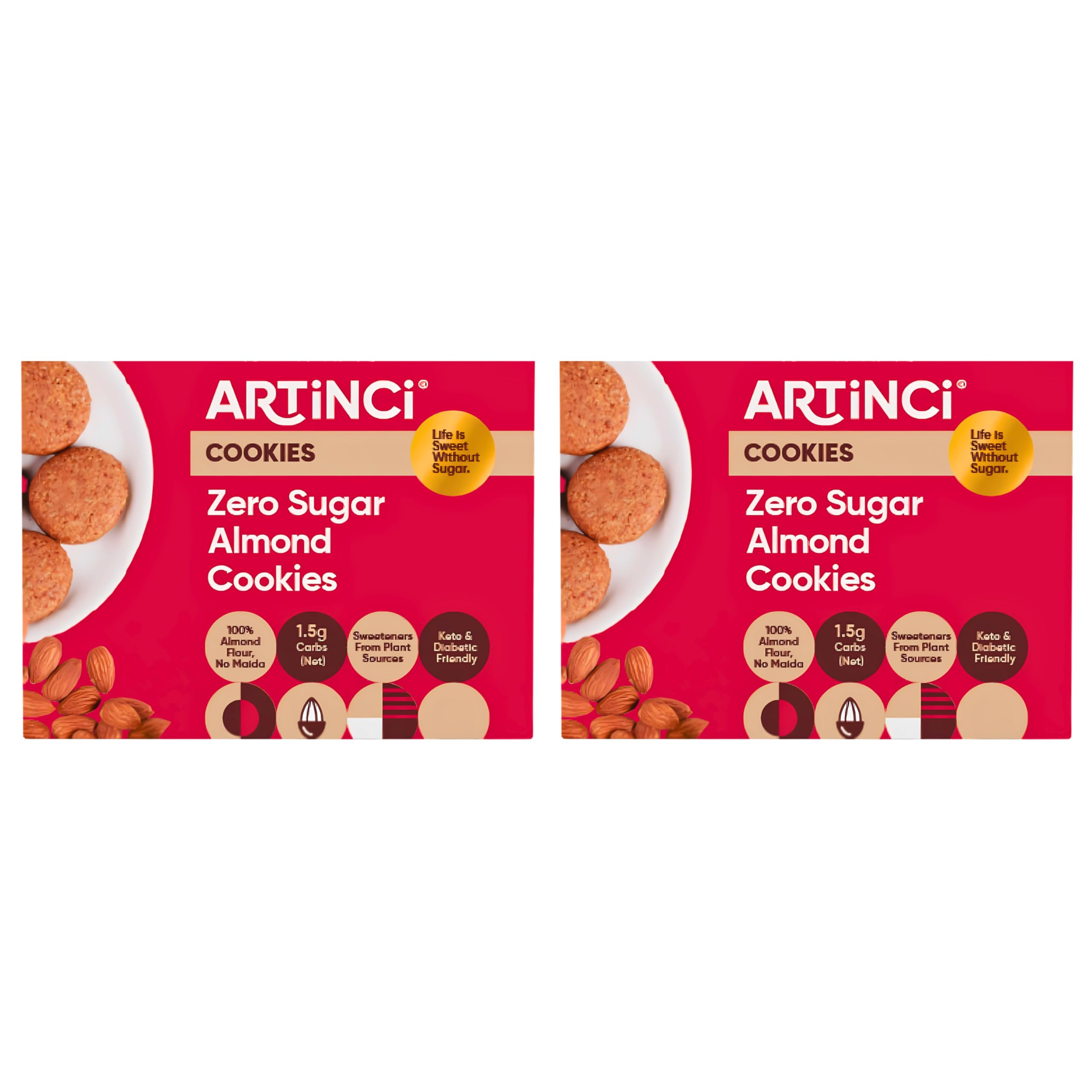 - Artinci Sugar Free Almond Cookies (185g x 2), No Maida, Diabetic Friendly Digestive Biscuits, Gluten-Free, High Protein and High Fiber, Keto & Weight Loss Diet Snacks, Healthy Sugarfree Cookies