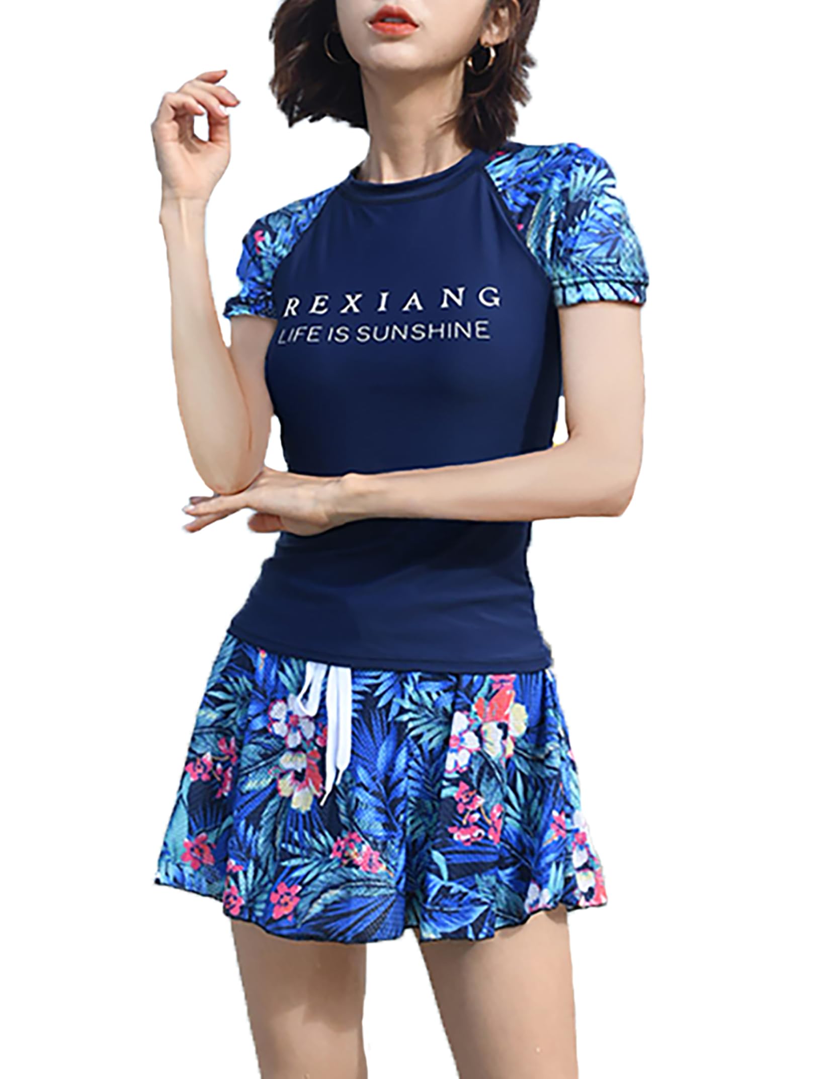 KeqinWomen Two Piece Rash Guard Printed Swimsuit UV UPF 50+ Swim Shirt Bathing Suit with Retro Swimdress