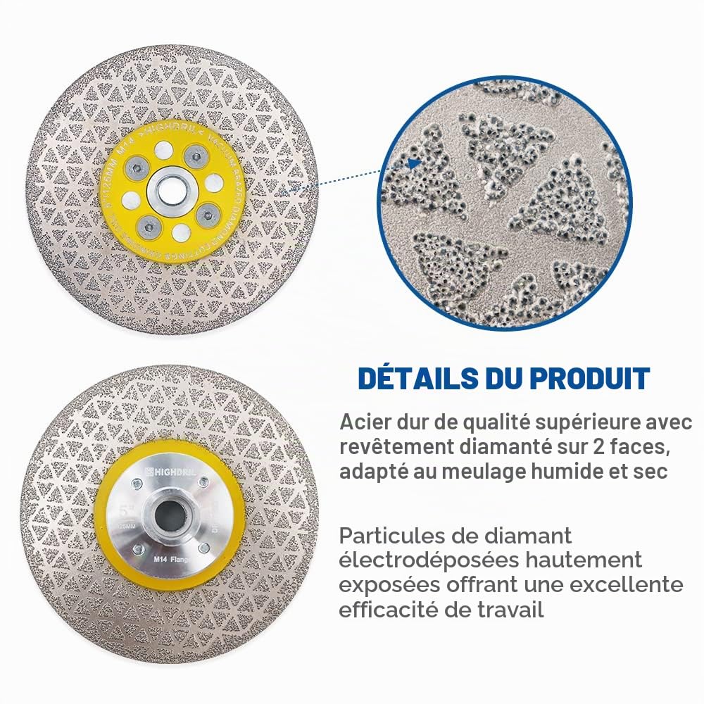 HIGHDRIL Disque Diamant pour Carrelage - 125mm x M14 Brasé Sous Vide Disque de Coupe et Meulage pour Marbre Granit Béton Céramique Carrelage