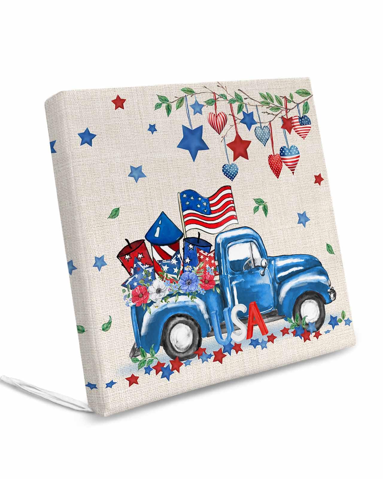 Homechoid 4th of July Floral Indoor Outdoor Couch Cushion Covers Replacement 2 Pack, Patriotic Memorial Truck Love Star Leaves Waterproof Chair Sofa Seat Cover with Ties 24x24x4