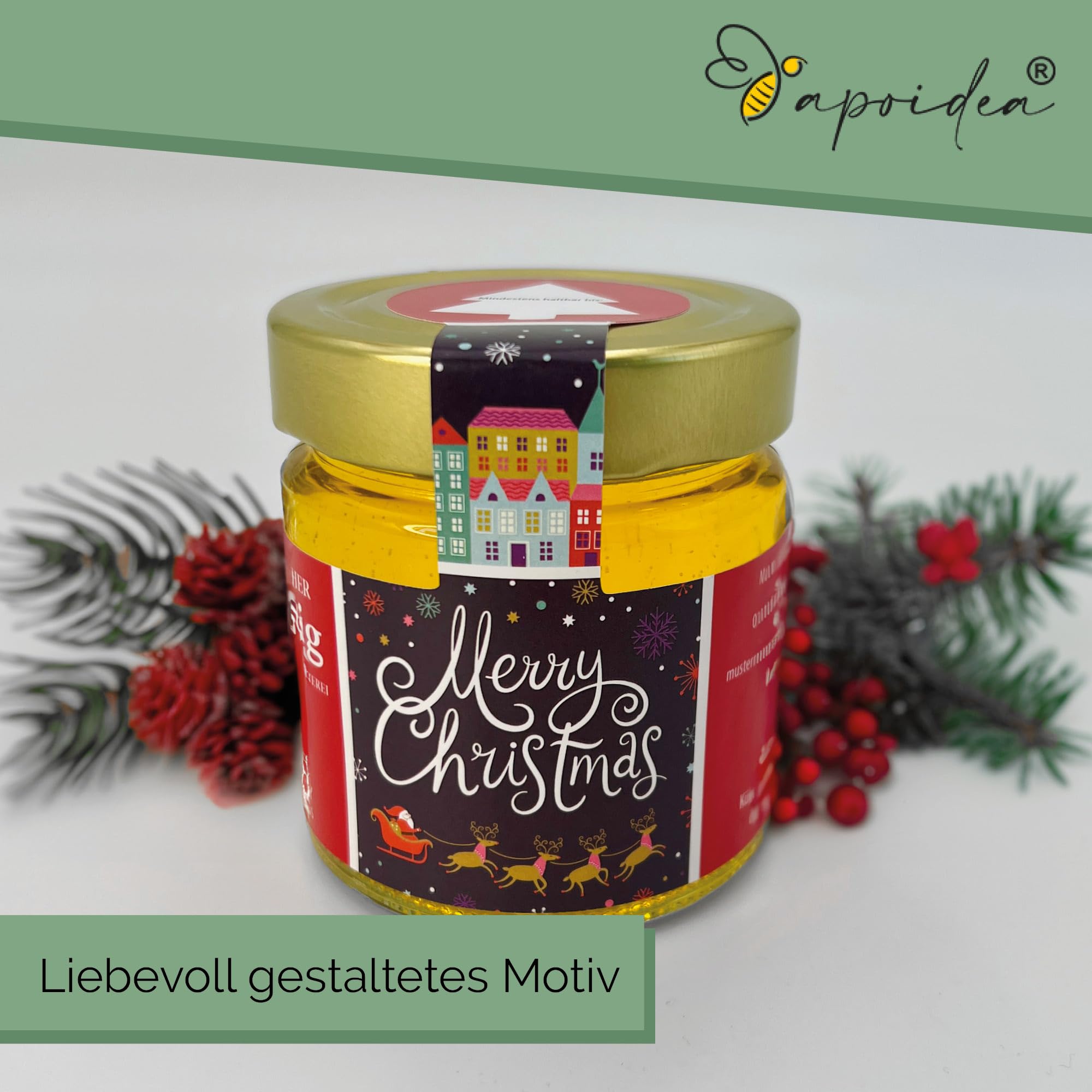 Apoidea – Honig Etiketten 250g mit Weihnachtsmotiv & Gewährverschluss selbstklebend, personalisierbar - 100 Stück/Etiketten Honiggläser/Honig Aufkleber für selbstgemachten Honig/Honigetiketten