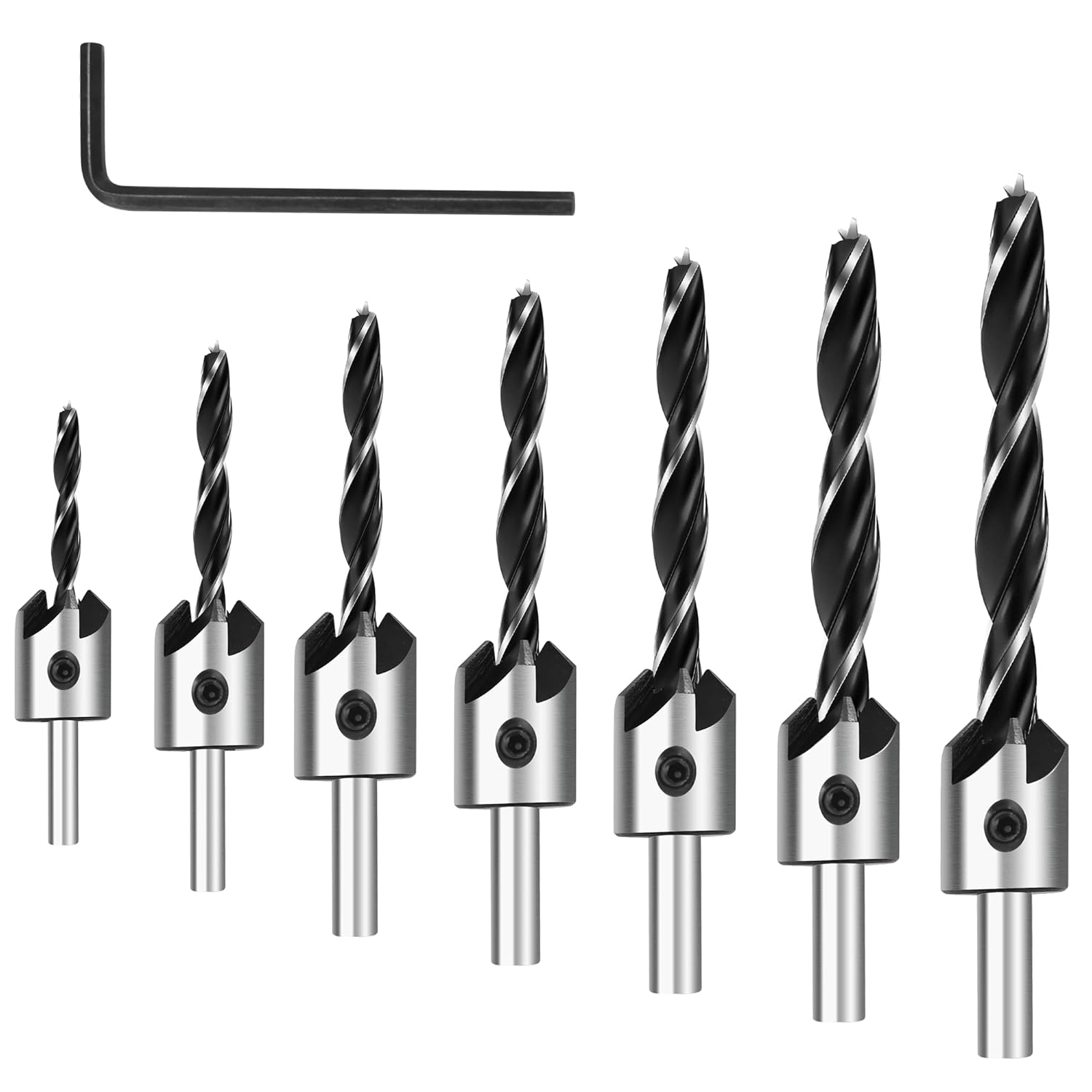 Countersink Drill Bit Set, 7Pcs Sinker Drill Bits M2 HSS, with 1/4 Standard Shank and Allen Wrench, Counter Sink Bit for Woodworking and Carpentry, Pilot Screw Hole Set