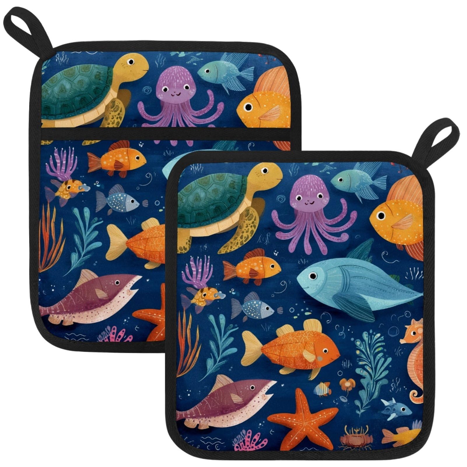 VAPOKF Ocean Animals Pot Holders with Pocket for Kitchen Heat Resistant Potholders Large Polyester-Cotton Square Oven Mitts Set