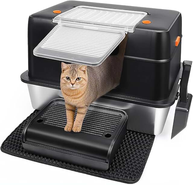 Vivifying Stainless Steel Cat Litter Tray with Lid, XL, Easy to Clean and Odour-Resistant, Stainless Steel Cat Litter Tray with Pedals, Shovel and Mat (Black) product image