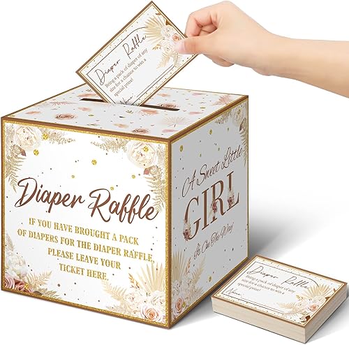 Miniatura 7 de Teling 51 boletos para rifas de pañales con caja de tarjetas, decoración de baby shower, caja de soporte para baby shower, para fiesta de rifas de