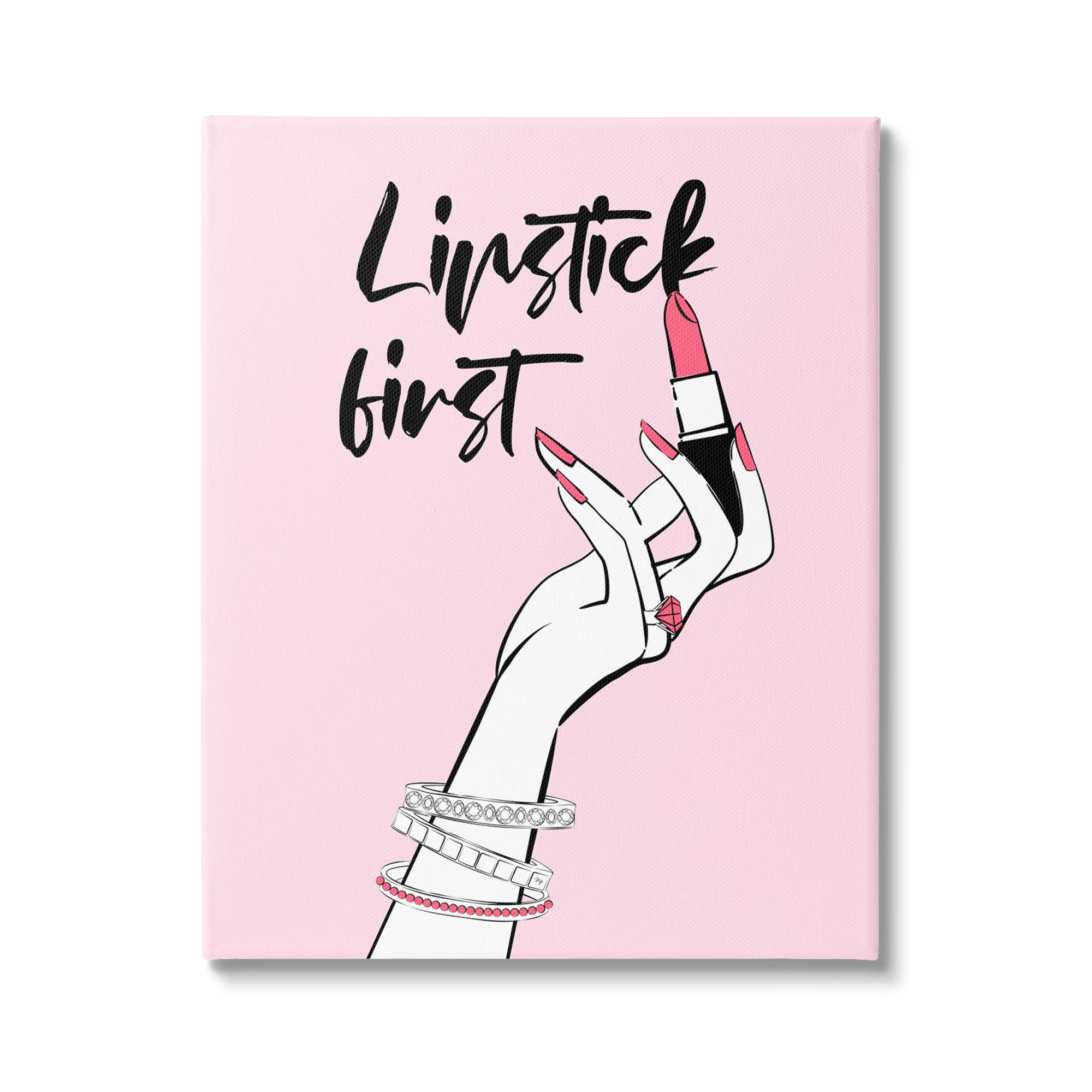 Stupell Industries Lipstick First Makeup Calligraphy Glamorous Phrase Jewelry Accessories, Design by Martina Pavlova