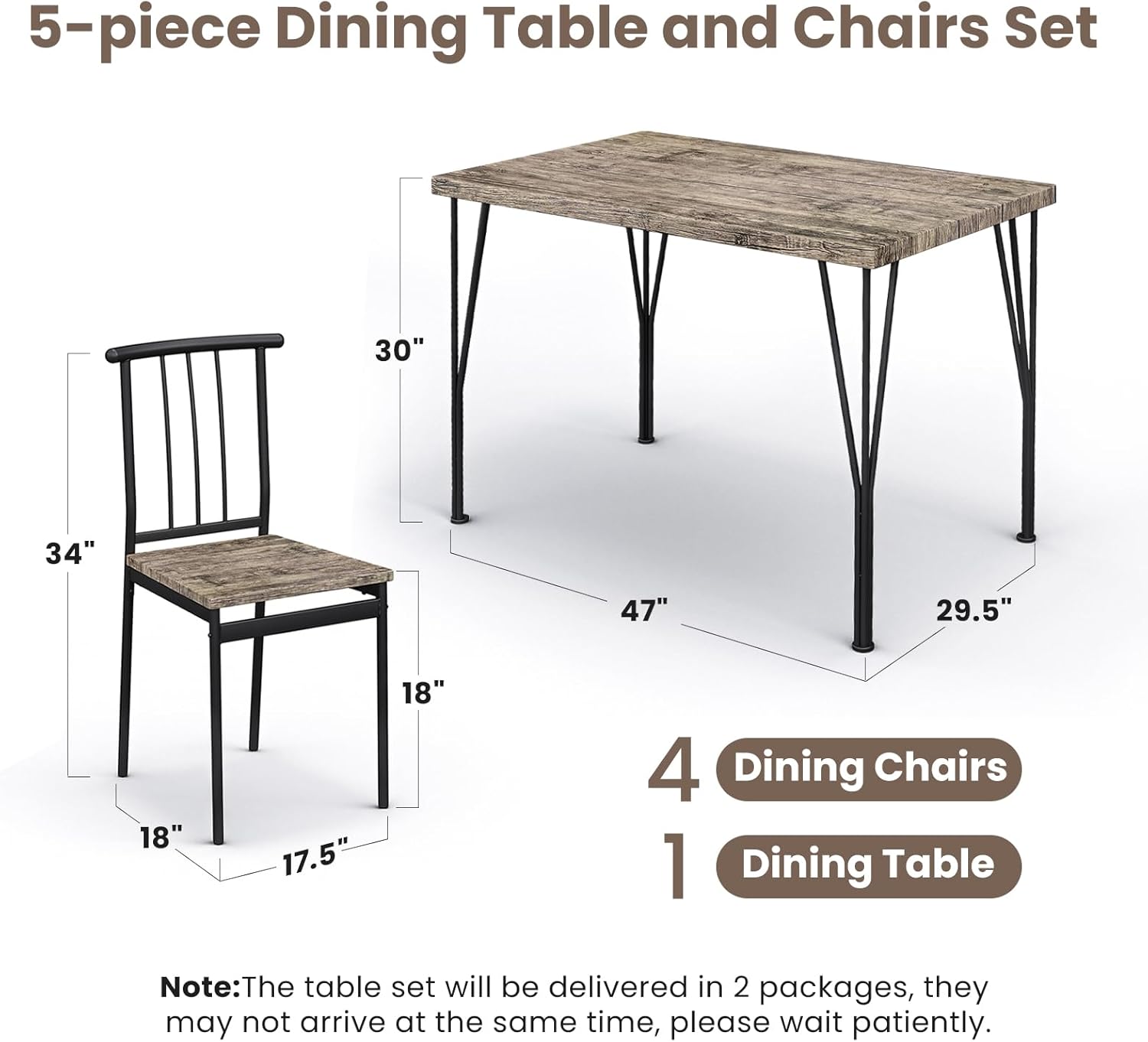 BUPPLEE 5-Piece Dining Table Set - Space-Saving Kitchen Table with 4 Chairs, Easy Assembly Modern Wood and Metal Furniture for Apartments, Dining Room, Breakfast Nook, Bedroom, Easy Clean