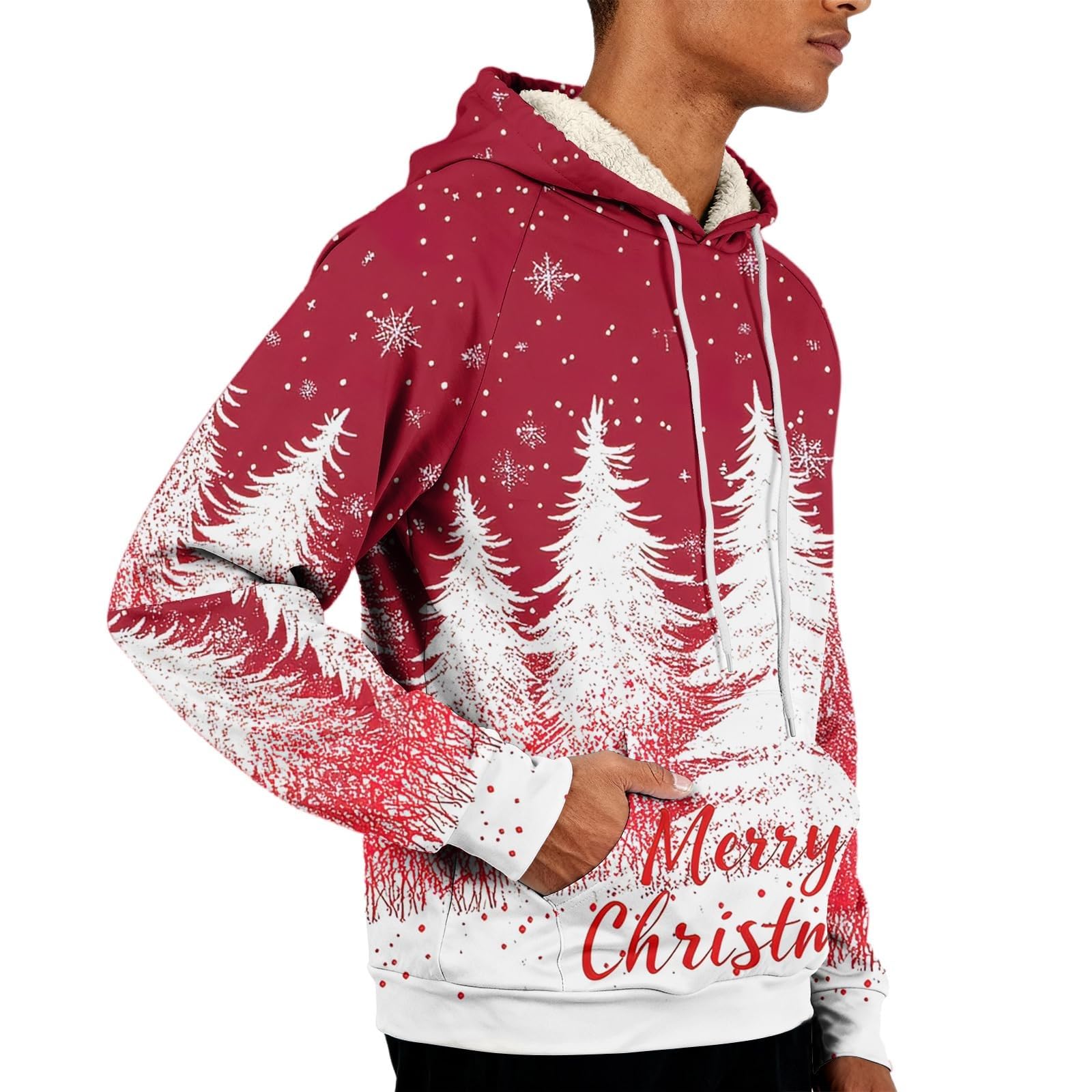 Sudaderas con capucha de Navidad forradas de forro polar para hombre divertido brillante árbol de Navidad sudadera oversize de manga larga suéter cálido sherpa tops novedad trajes navideños ropa de