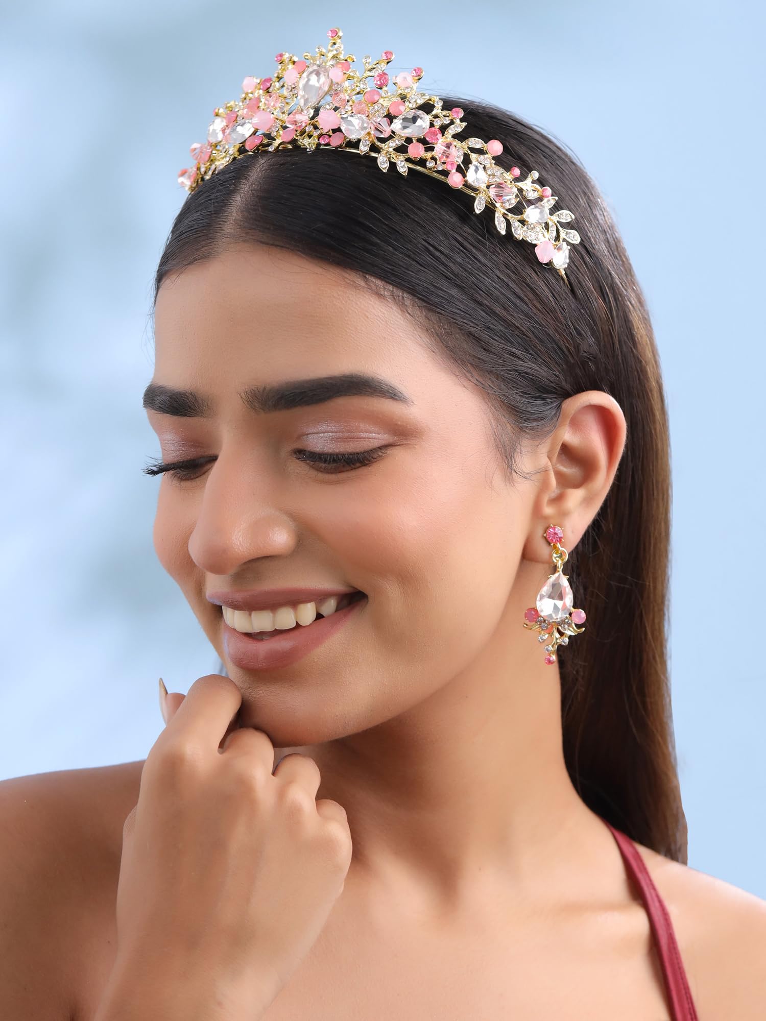 Yellow Chimes Latest Fashion Floral Design Multicolour Crystal Golden Bridal Wedding Crown Tiaras With Earrings by Yellow Chimes Copper Tiara for Women (Gold, Multicolor) (YCFJCR-FLWCRSTL-MC) 1