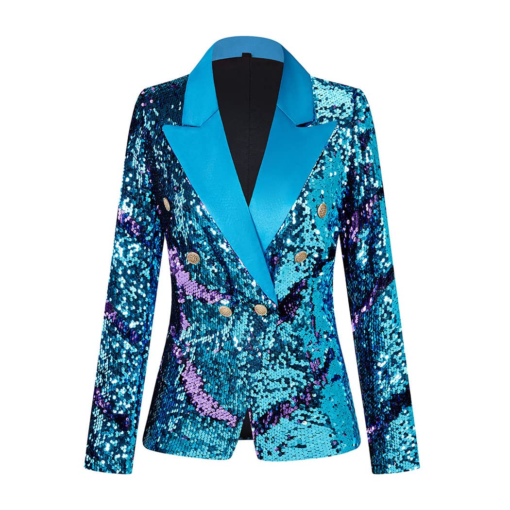 CARFFIV Dames Mode Dubbele Knopenrij Banket Feest Vakantie Pailletten Lange Mouw Jassen, XL