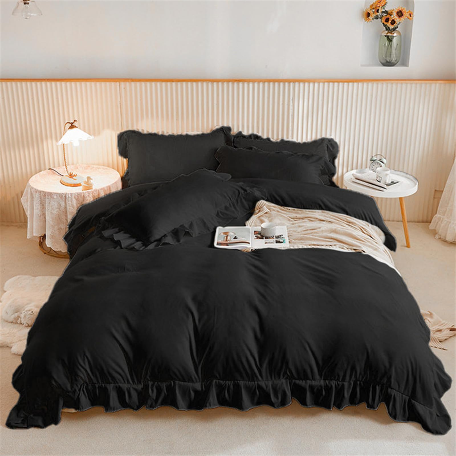 Ruffle Frills Bedding Set Black Duvet Cover Set,Soft Microfiber,Zipper Closure and 2 Pillowcases,King 220x230 cmOEKO-TEX STANDARD 100