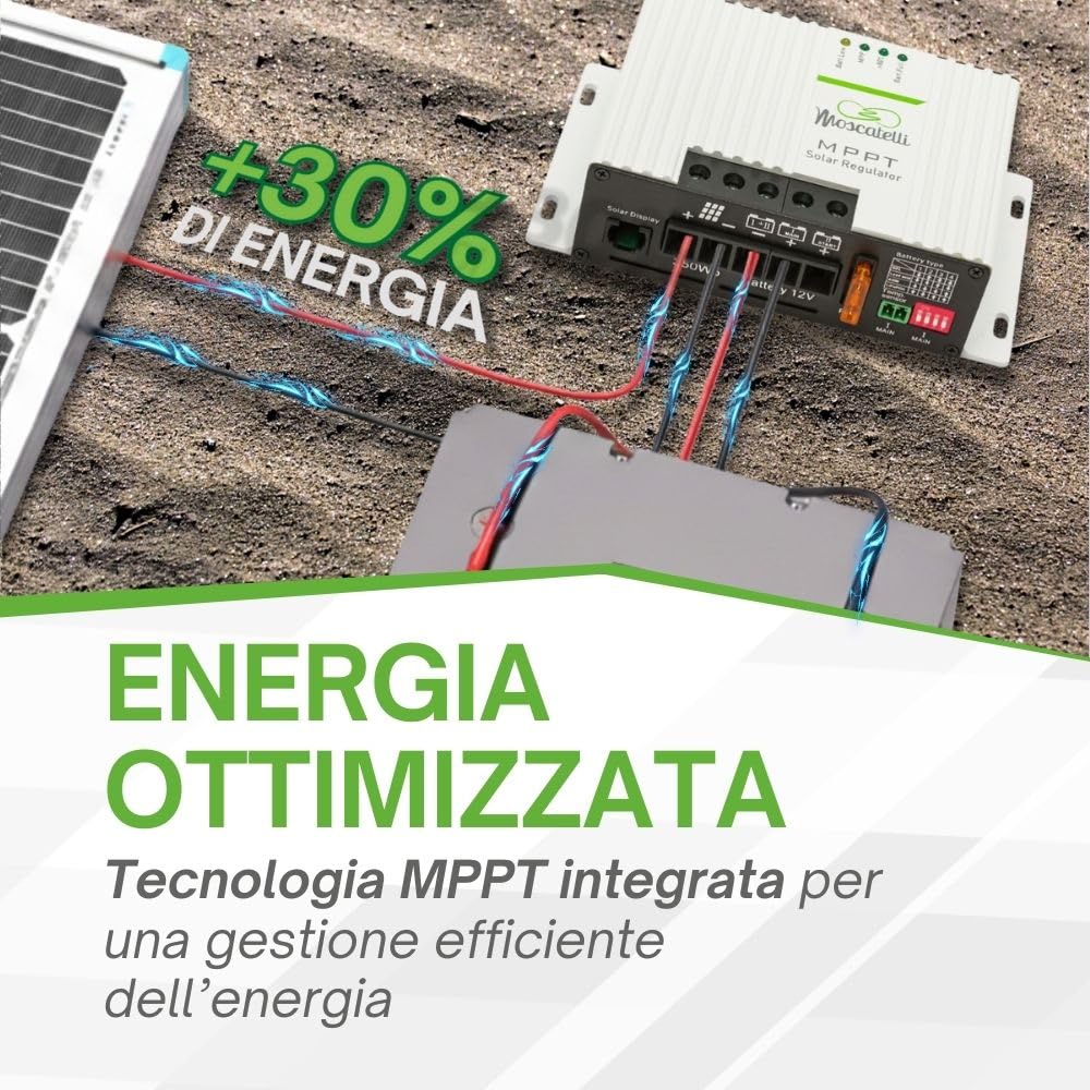 Kit Fotovoltaico Camper 200W Max con Batteria Litio e Inverter – Pannello Black Boost + MPPT 25A Bluetooth + Batteria LiFePO₄ 12V 100Ah + Inverter Onda Pura 2000W – MOSCATELLI