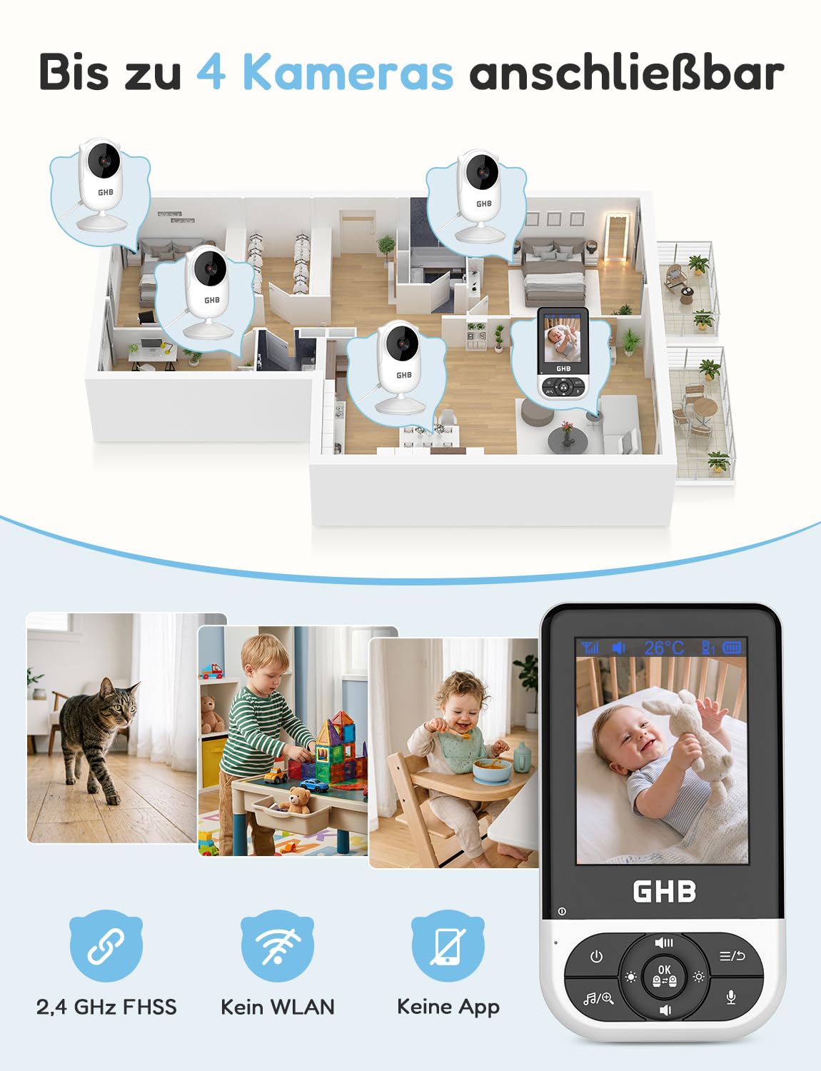 GHB Babyphone mit Kamera Baby Monitor 2,8 Zoll mit Nachtsicht VOX Schlaflieder Gegensprechfunktion Temperatursensor Max. 4 Kameras Unterstützt Schwarz
