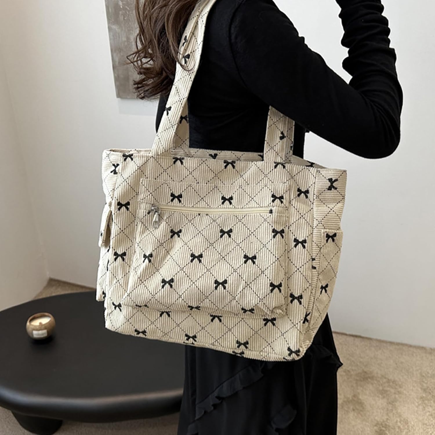 Farcauo Tote Bag for Women Cute Corduroy Shoulder Bag White Bow Tie Canvas Bags Large Capacity Travel Handbag - Image 3