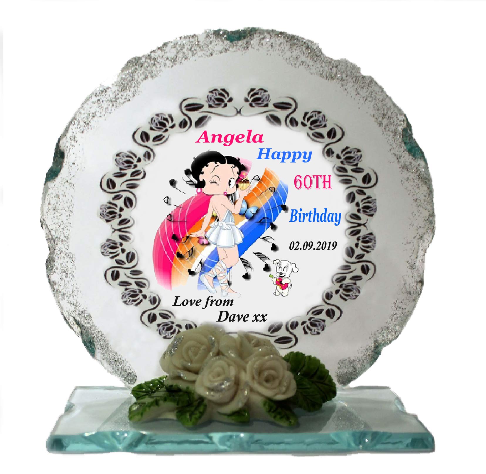 Personalised Gift. 60th Birthday plaque Card A Cut Glass Round Plaque, custom made to order by Cellini Plaques its a gift and a card in one!