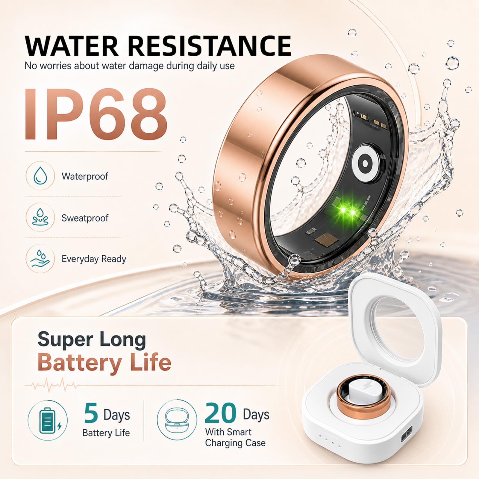 Anillo inteligente para mujeres y hombres, IP68 resistente al agua con monitor de frecuencia cardíaca, oxígeno en sangre y sueño, anillo de seguimiento de salud compatible con iOS y Android