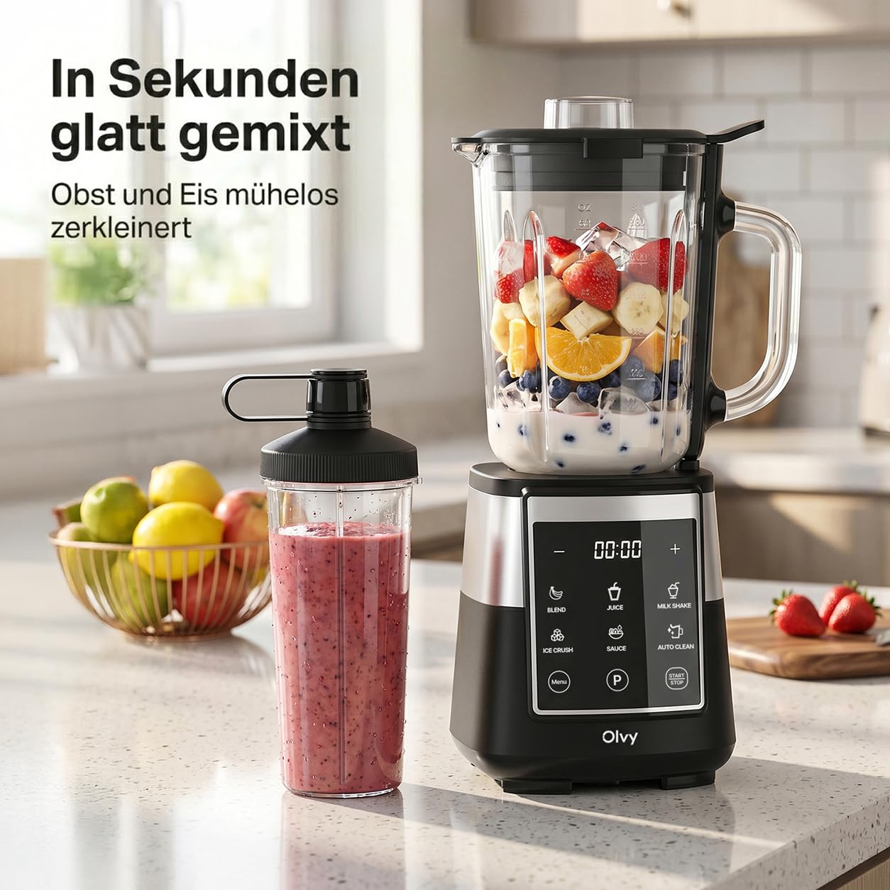 Olvy Standmixer Smoothie Maker 1500ml Glas To-Go LED Timer 6 Klingen-Black