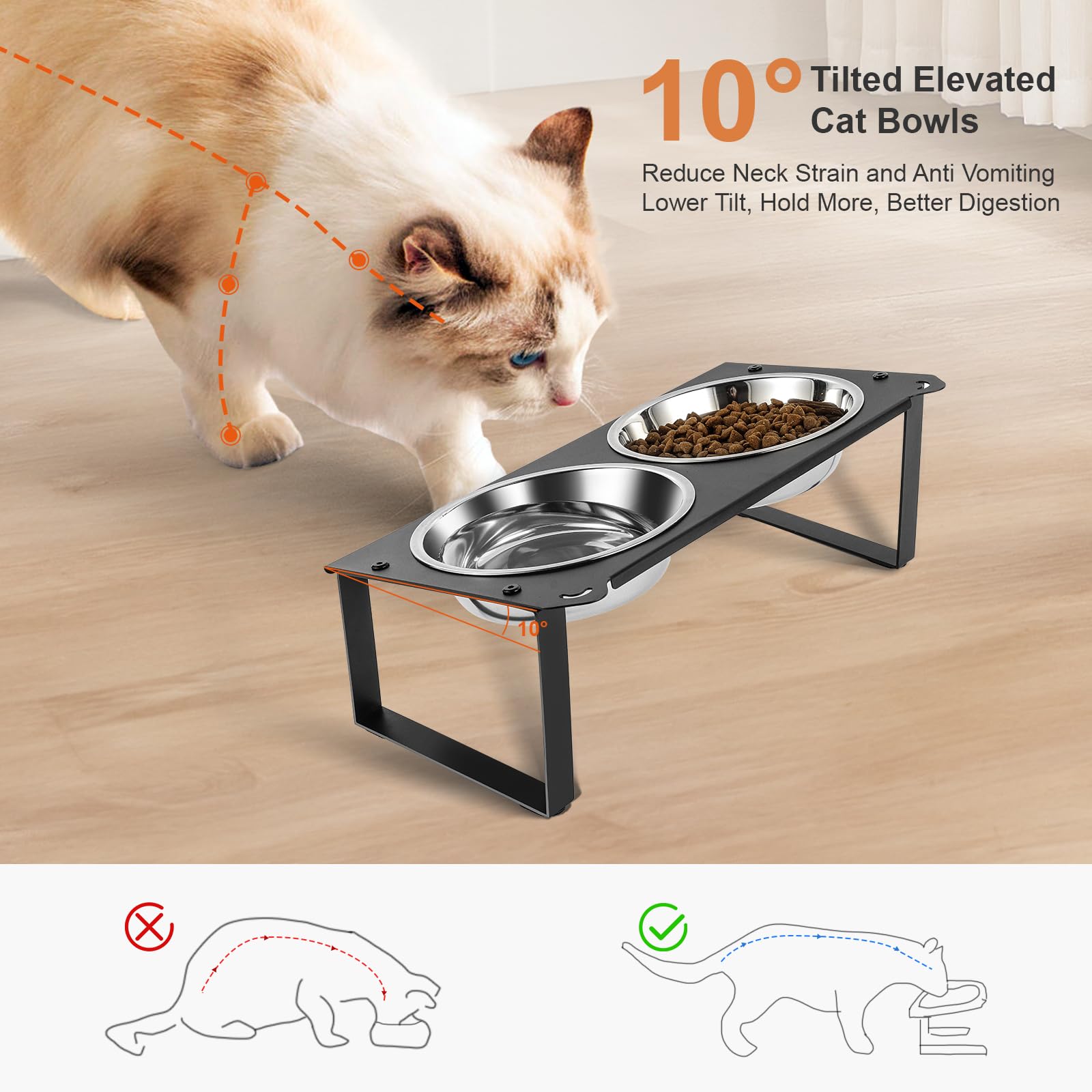 Set di 2 ciotole rialzate per cibo per gatti, 4 ciotole in acciaio inox per animali domestici da interni con simpatico supporto in metallo, inclinate a 10°, anti-vomito, larghe, poco profonde,