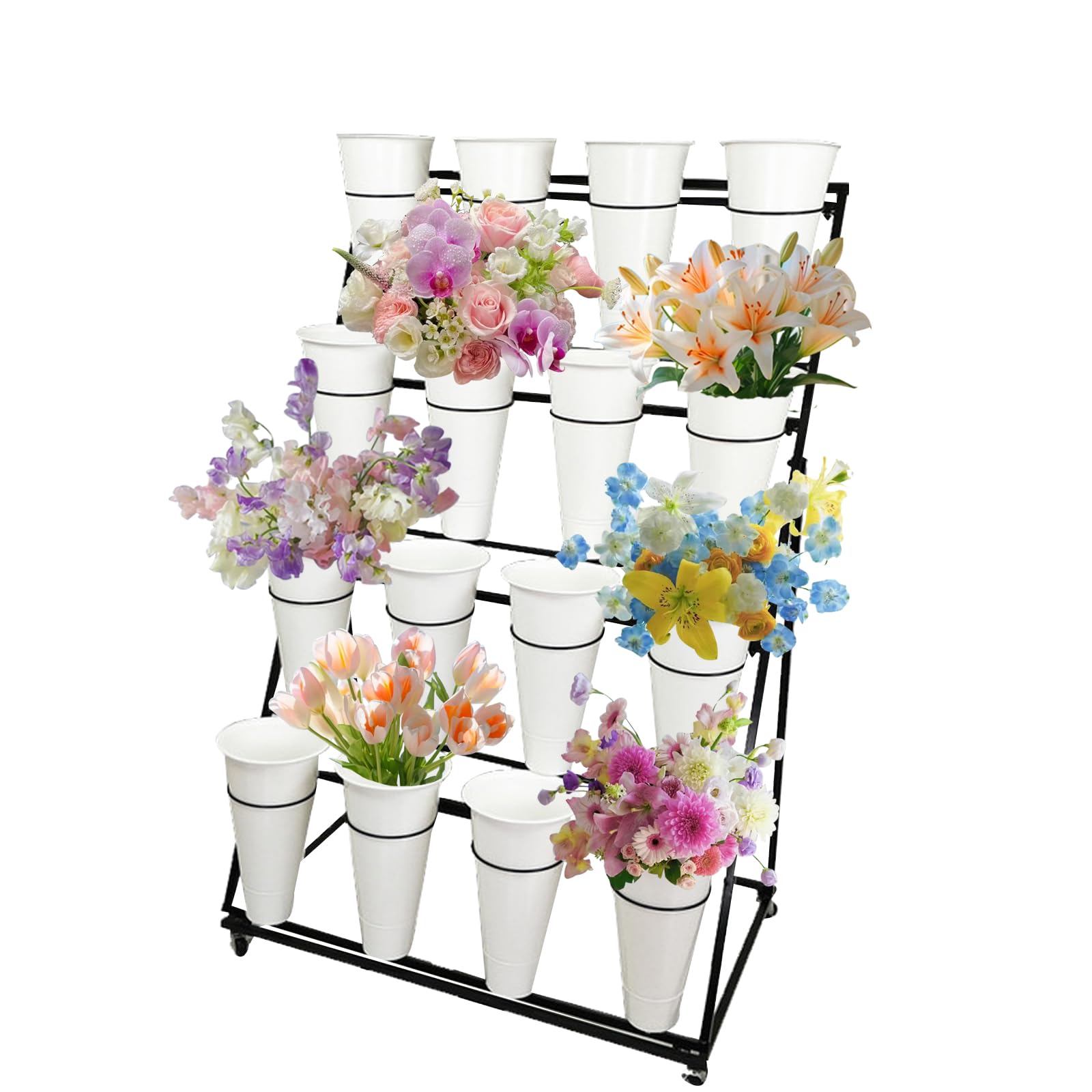 DFGHNBVC Metal Heavy Duty Moving Plant Cart With Wheels, Wrought Iron Florist Shelf For Livingroom, Garden, Indoor, Outdoor, Patio,4 Tier 16 White Bucket