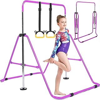 Horizontal Bar Gymnastics Kids Garden Home Reck Stretching Folding Value Gift Set,Expandable Gym Training Bar Equipment Adjustable Height for Boys Girls Color Pink Blue fit Fitness Outdoor Indooor
