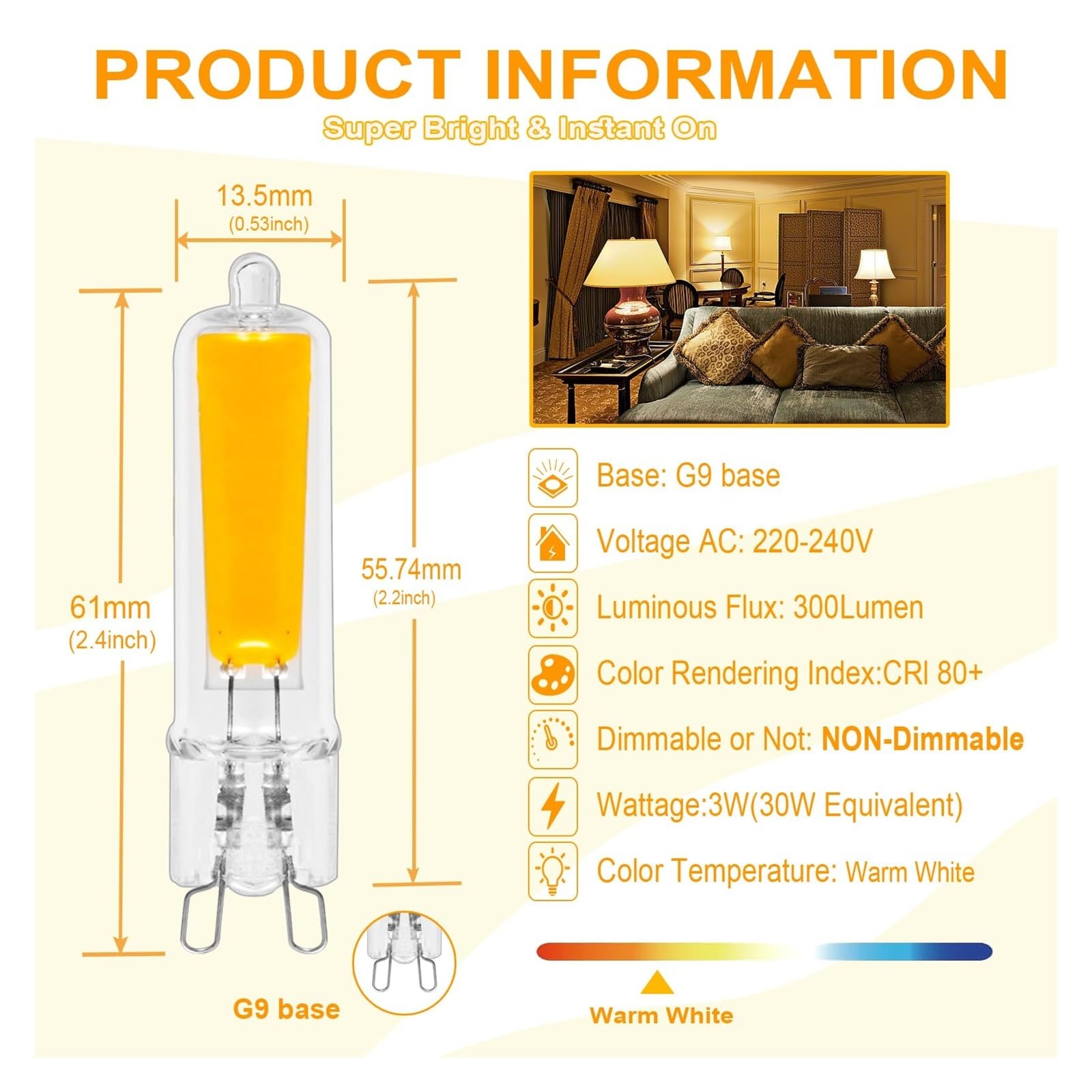 Bombillas LED G9 3W Reemplazo 30W Sin parpadeo Para lámparas araña lámparas techo lámparas mesa para uso en interiores hogar y oficina (no regulables)(Warm White 3000K)