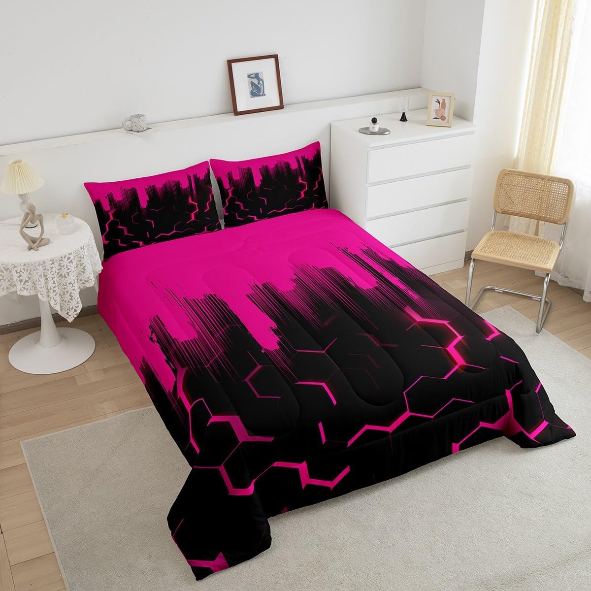 Feelyou Kids Hot Pink Honeycomb Comforter Set Twin Size Hexagonal Bedding Set for Teens Decor Abstract Geometrical Comforter Geometric Duvet Set Bedroom Quilt Set 2Pcs