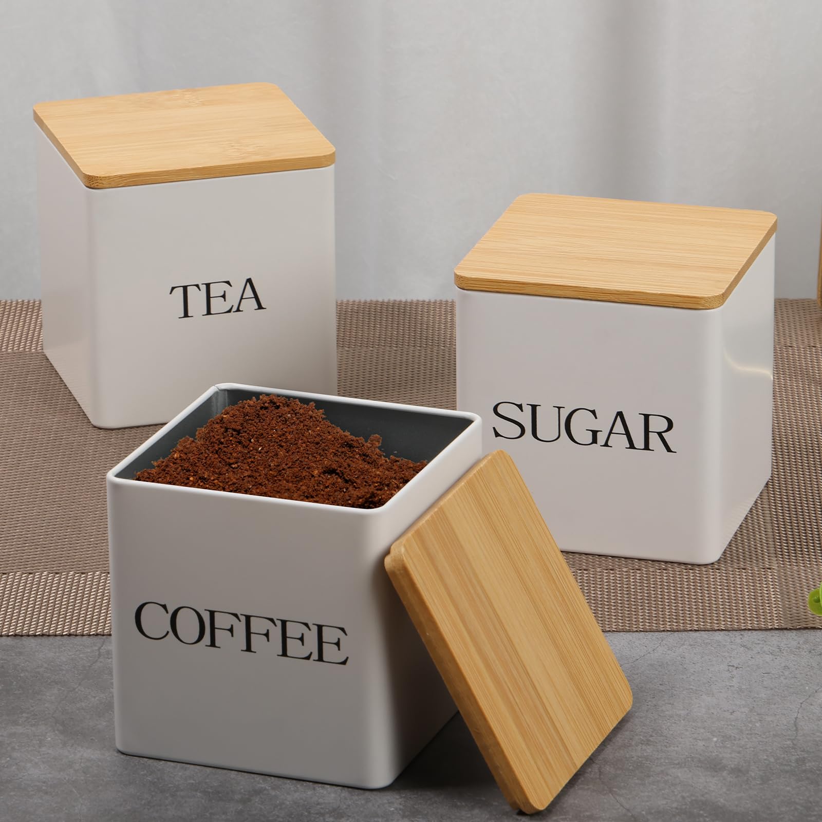 Ghshanog White Tea Coffee Sugar Canisters Set, 500 Ml 3 Piece Of Metal Canister Storage Jar Container Set With Airtight Bamboo Lid,Multi-Purpose Space Saving Sealed Kitchen Food Storage Containers (White)