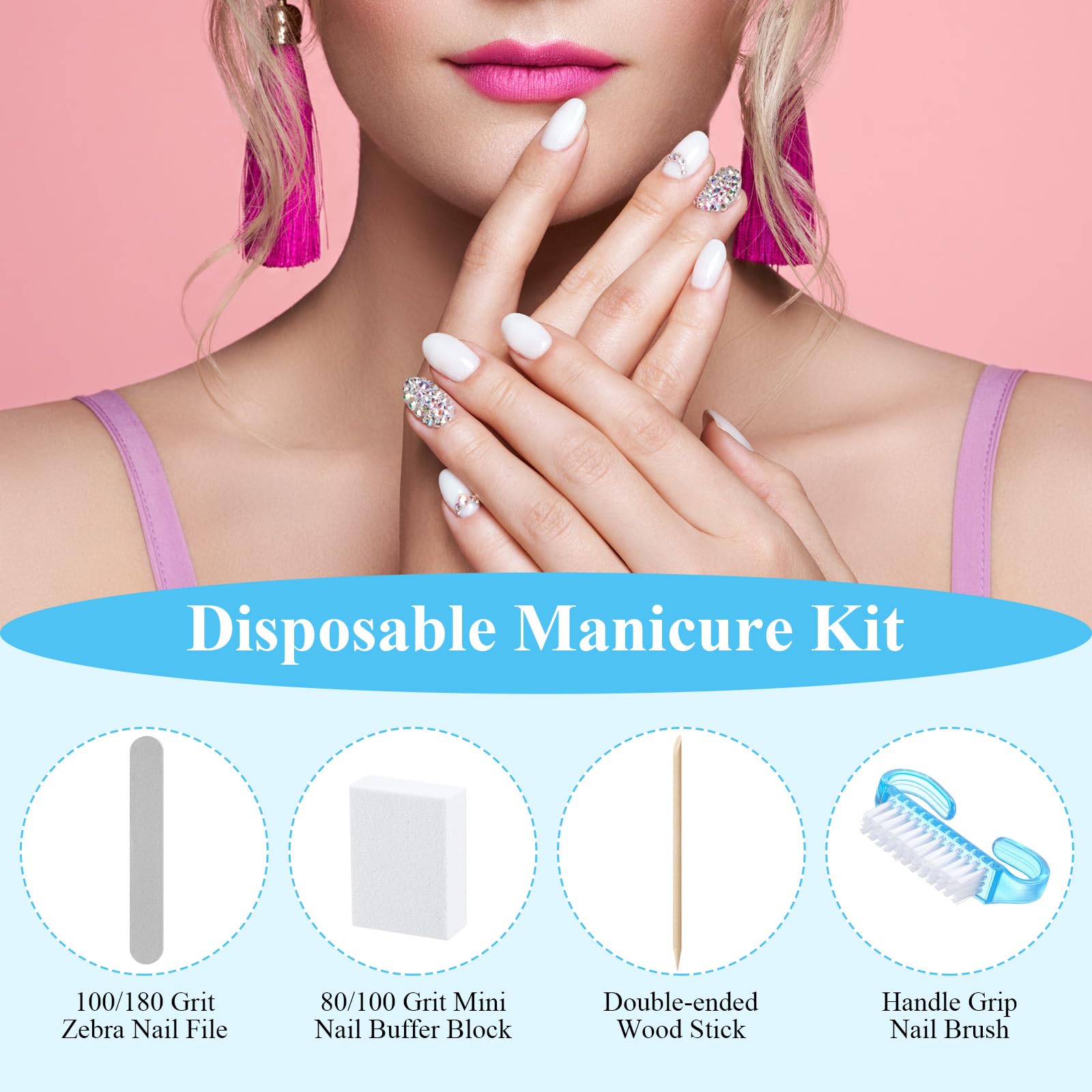 Set di 100 kit manicure usa e getta professionali basi, kit di 4 lime per unghie in legno grana 100/180, mini buffer grana 80/100, bastoncino di legno e pennello con impugnatura (blu)