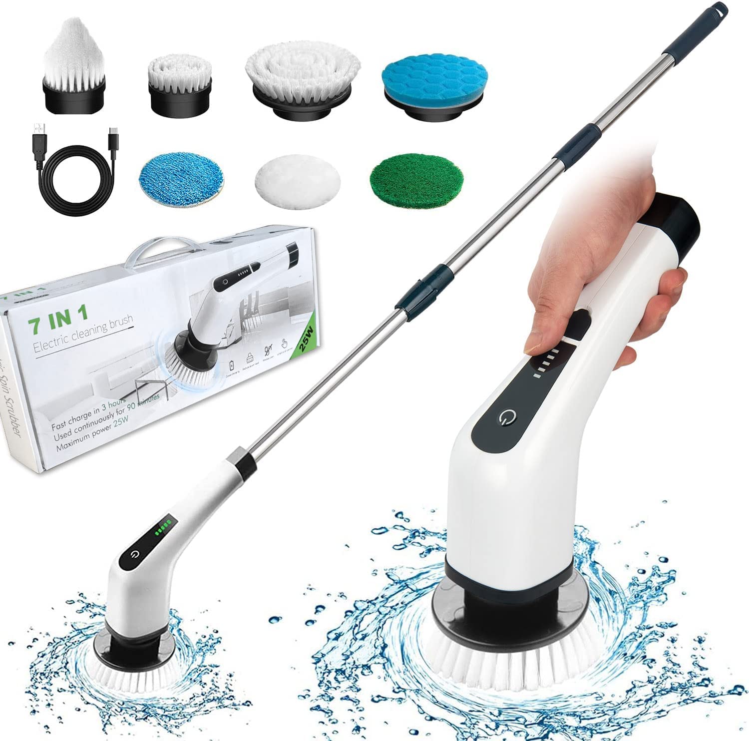 Qimedo Scrubber Elettrico Rotante S1 | Spazzola Pulizia A Batteria 1200 Giri/min | Senza Fili Con Display E 8 Spazzole | Per Bagno E Pavimenti