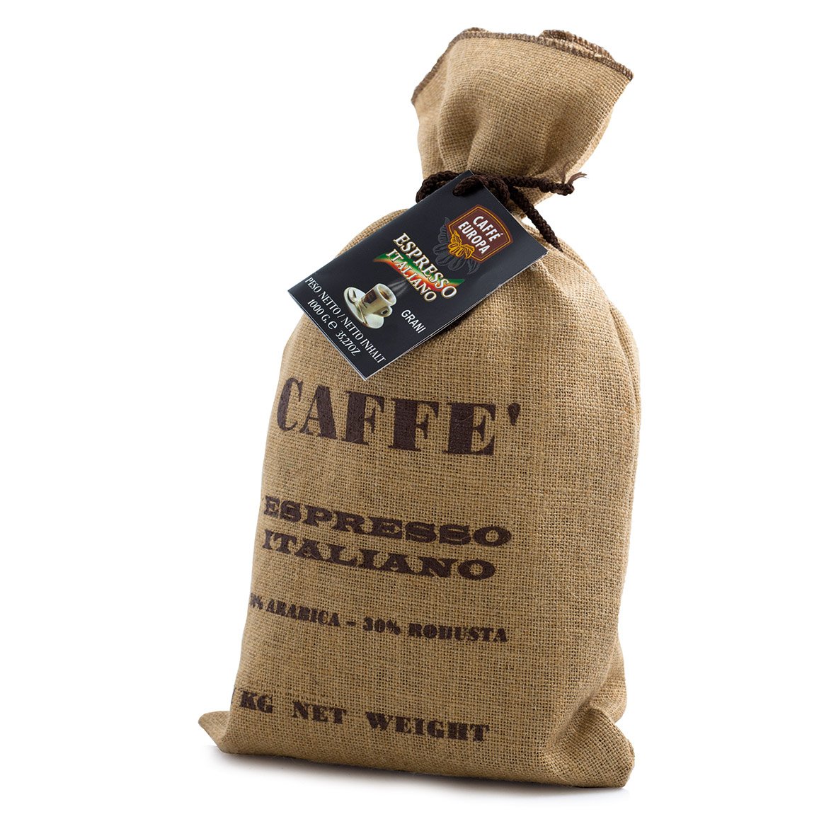 Caffè Europa – Caffè in Grani Tostatura Artigianale, Miscela Arabica, Confezionato in Sacco di Juta (1kg)
