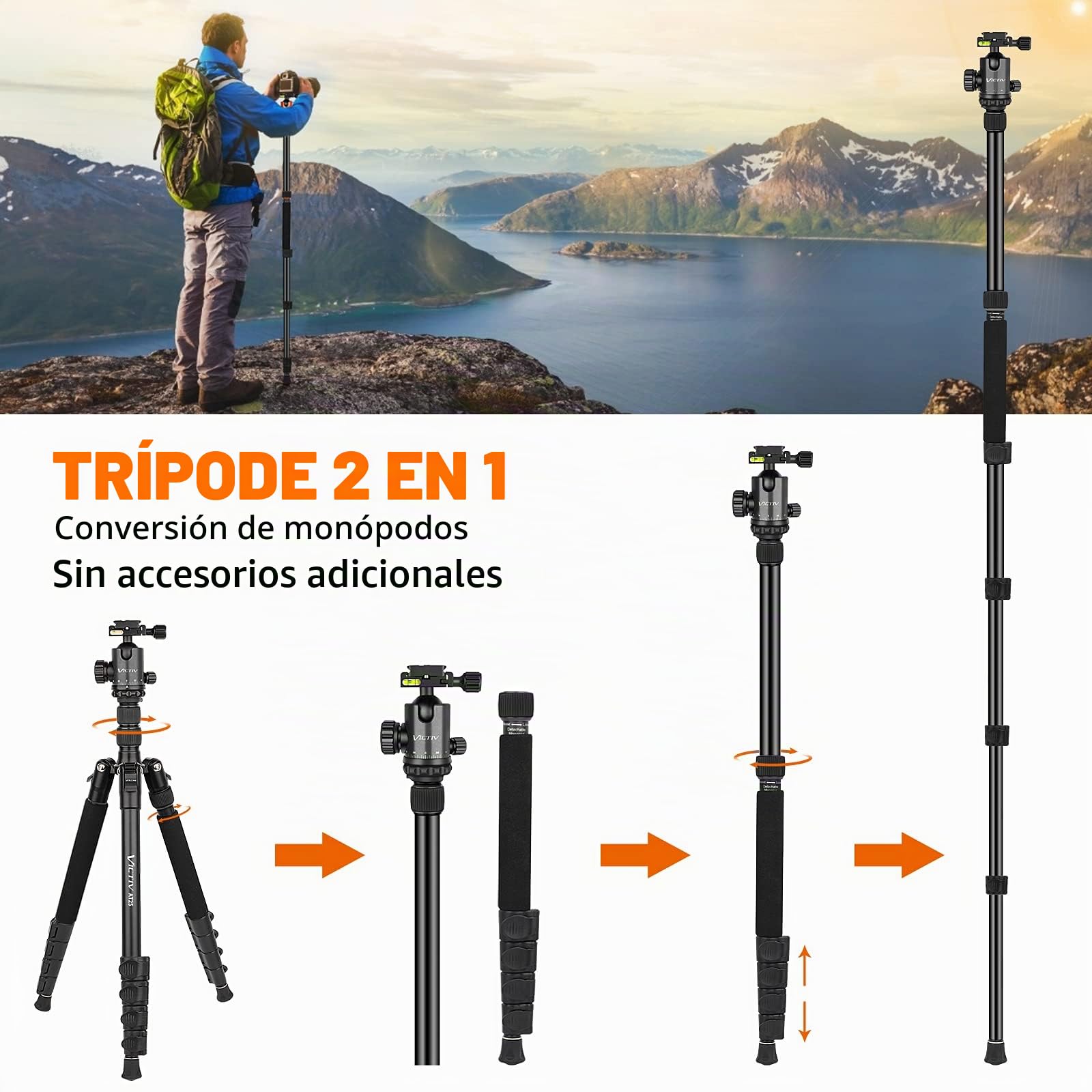 Victiv Trípode Cámara 206cm, Trípode de Viaje Portátil de Aluminio para DSLR, 360° Rótula de Bola Panorámica una Capacidad de Carga de 15 kg, Monopié Desmontable con Bolsa de Transporte - Negro