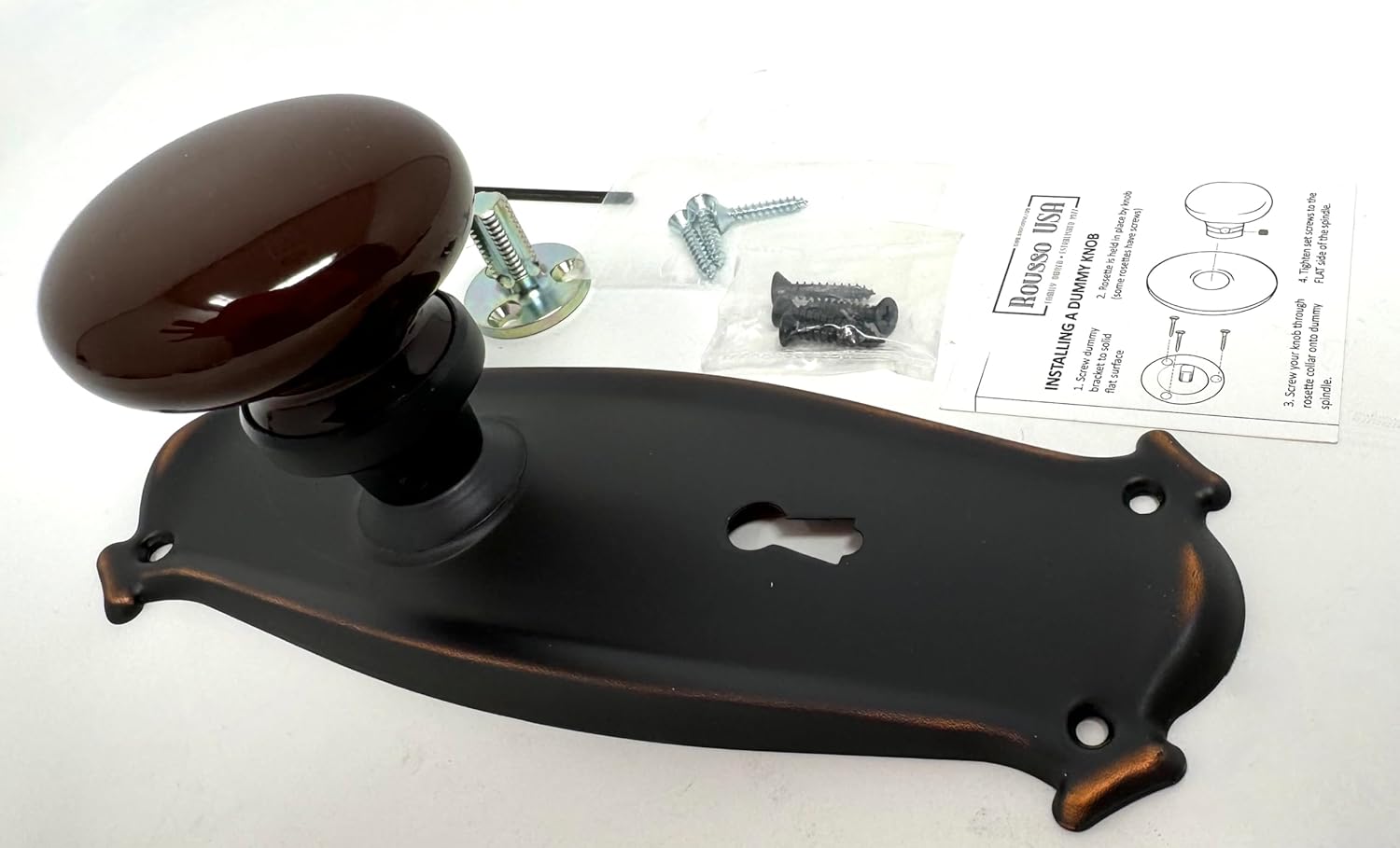 Porcelain Door Knob with Solid Brass Base on Tall Estate Stamped Metal Backplate with Oil Rubbed Bronze Finish, Single Dummy for Pantry or French Door, Installation Kit Included, Brown
