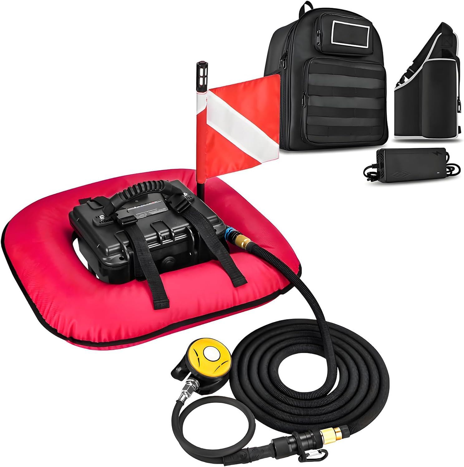Scuba Diving Ventilator Tankless Diving System, Portable Rechargeable, 52L/min, 60-70Min Endurance, Underwater Breathing System, Recreational Diving Equipment for Diving & Fish Red-SingleBattery
