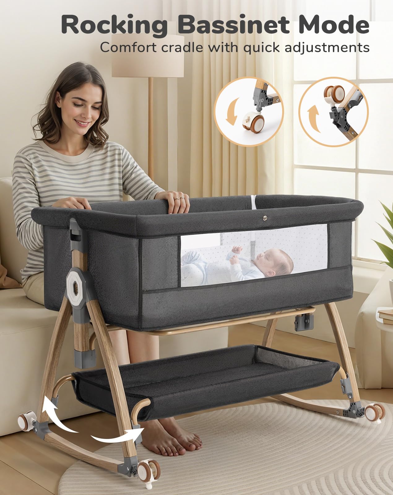 COMOMY Bassinet nocny 3 w 1 z kółkami, łóżeczko Next to Me, ciemnoszary