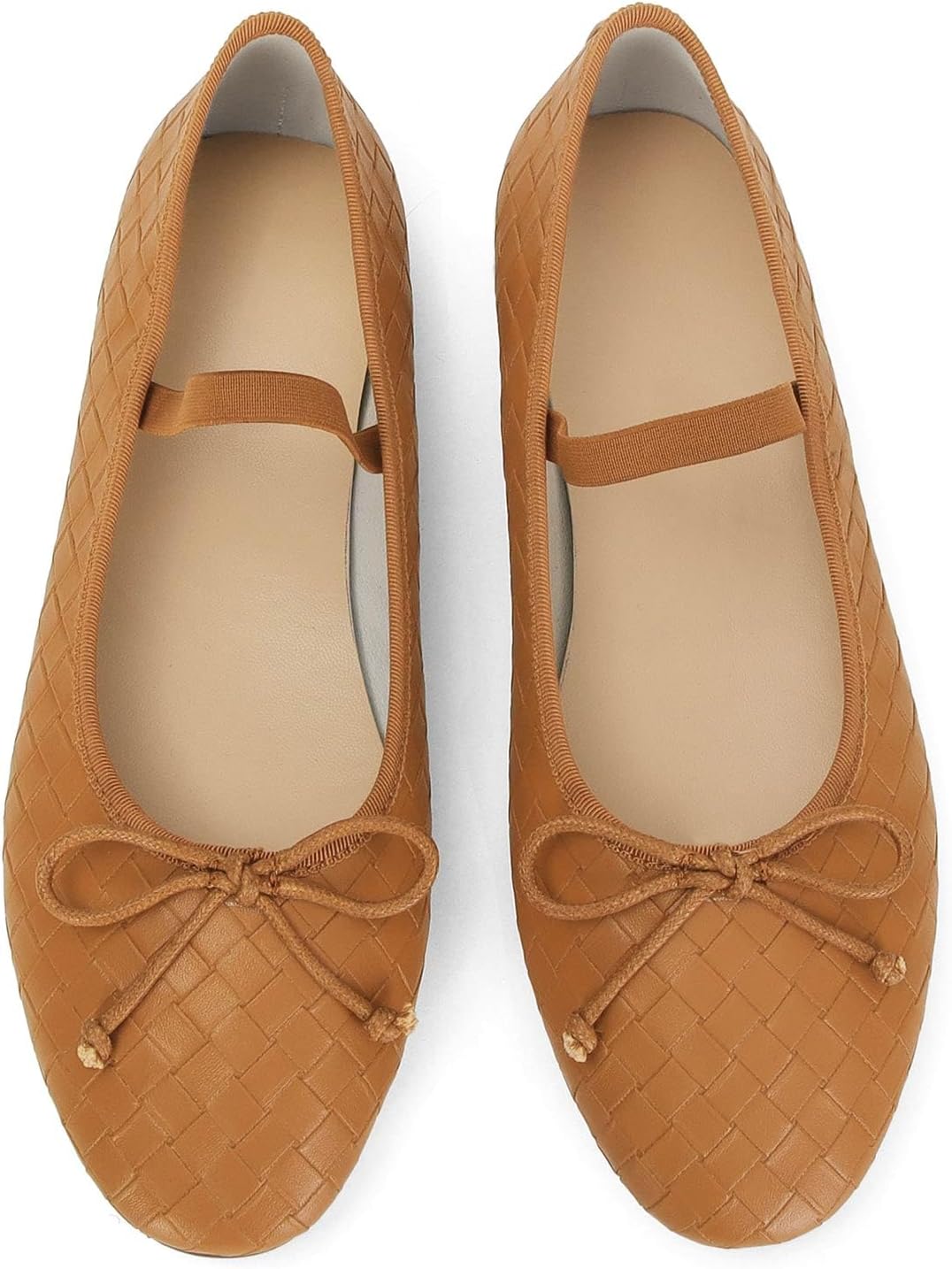 MICIFA Woven Ballet Flats for Women Cute Bow Almond Toe Mary Jane Ballet Flats Elastic Strap Casual Dressy Ballerina Flat Shoes