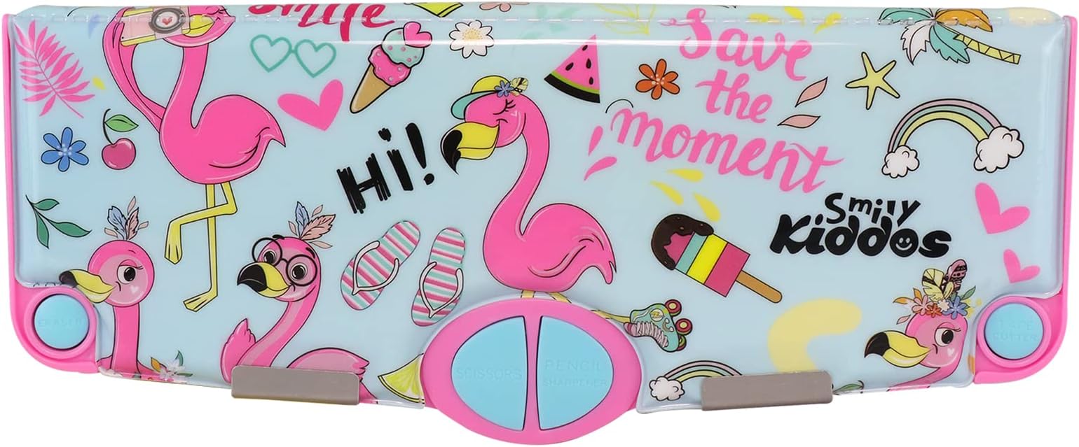 Smily Kiddos Multi Functional Pop Out Pencil Box for Kids Stationery for Children - Flamingo Theme - Light Blue